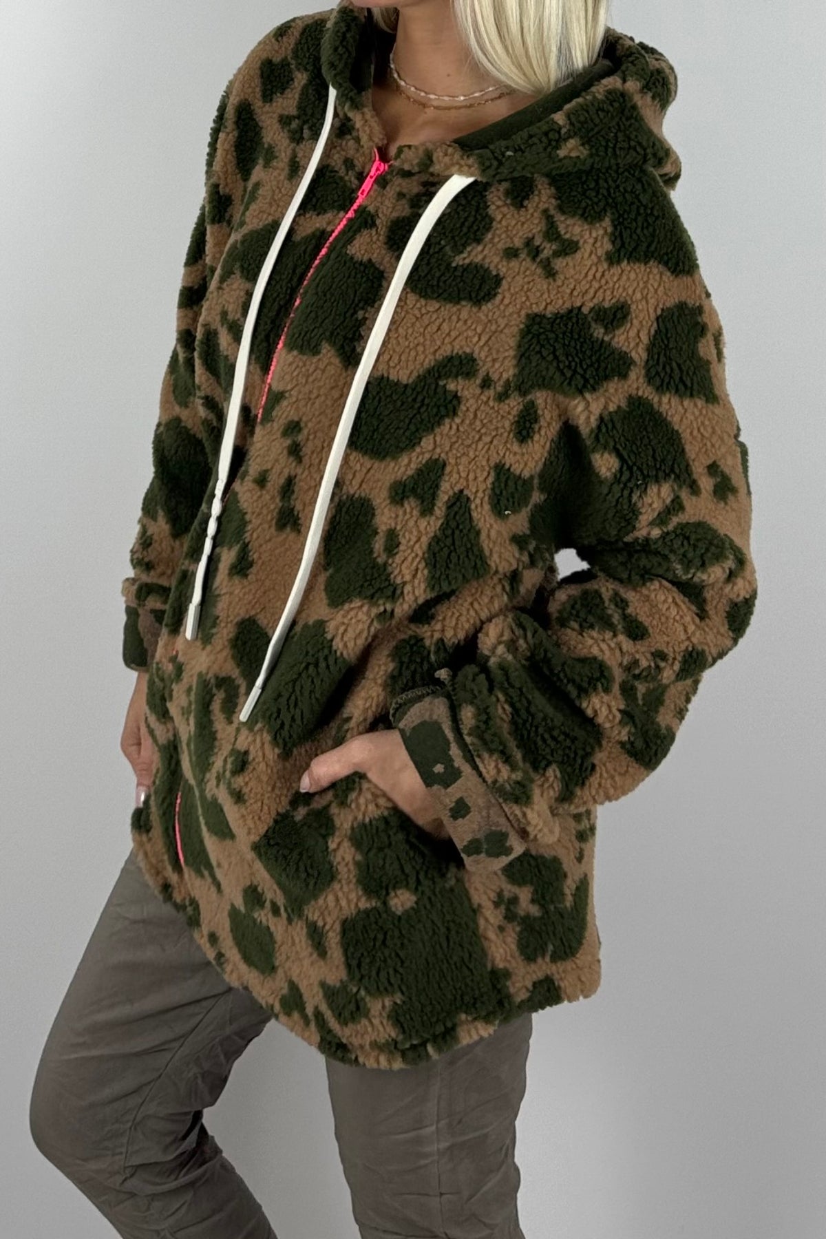 Damen Teddyjacke mit Kapuze-Khaki