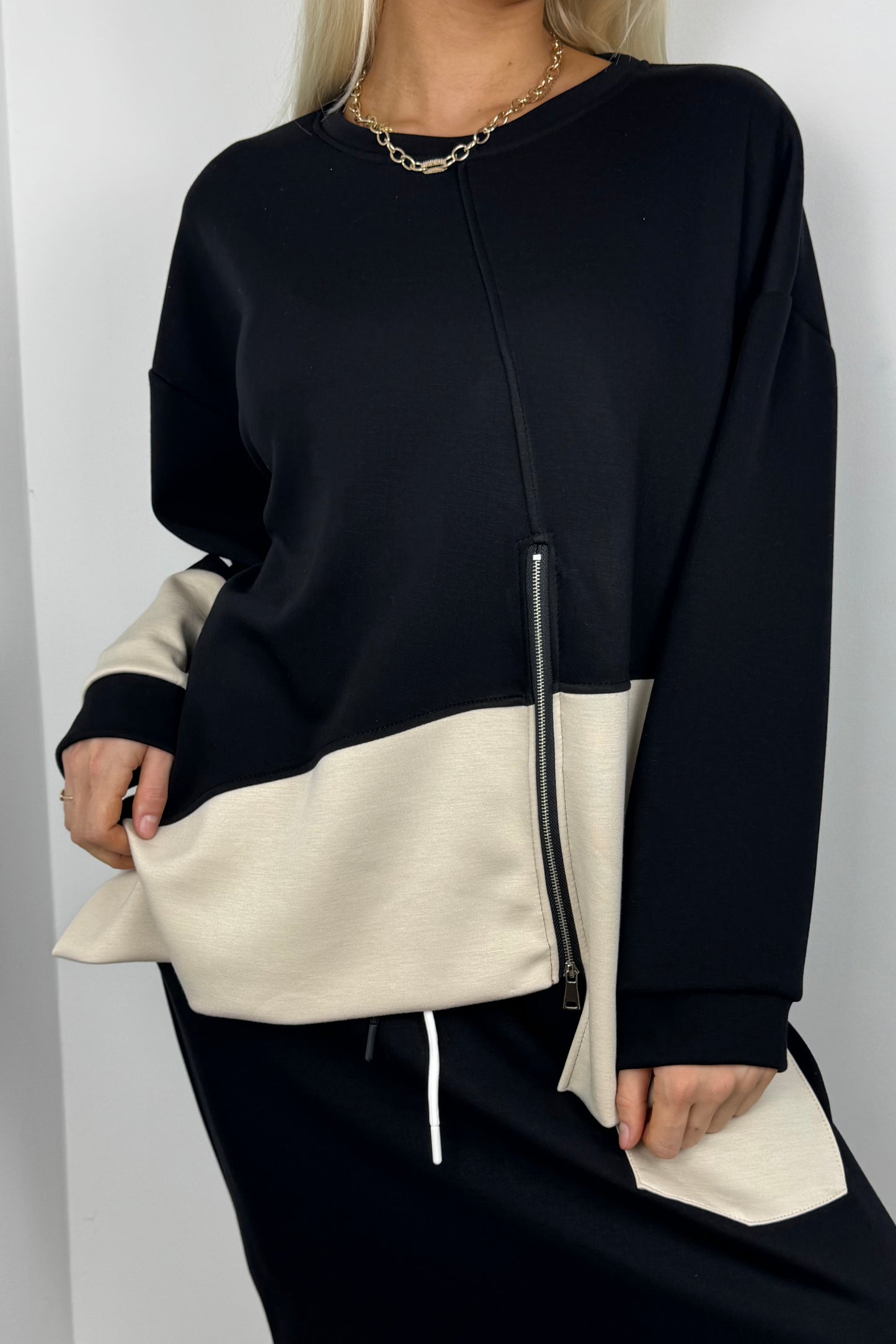 Casual Shirt mit Reißverschluss-Detail –Schwarz