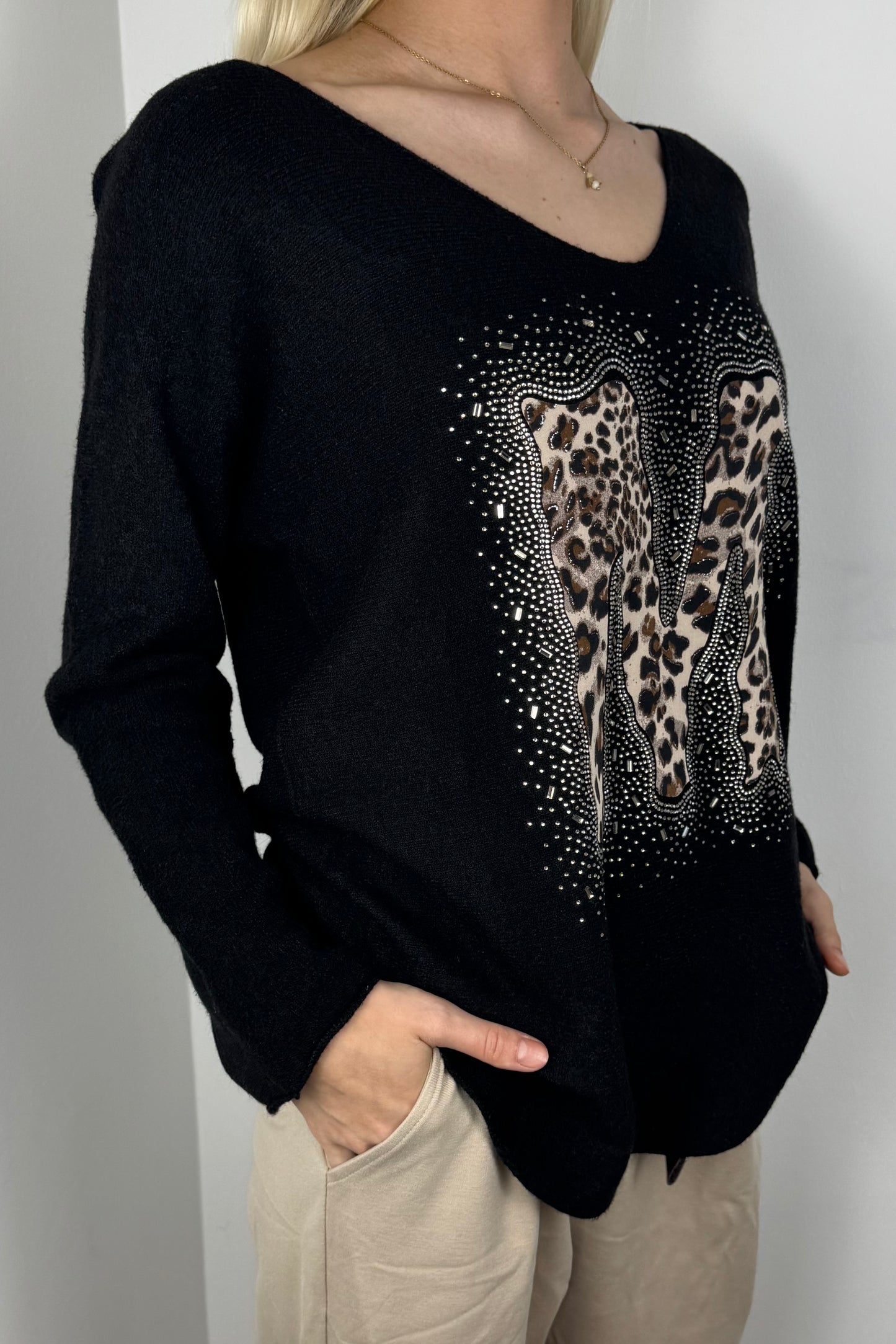 Langarmshirt mit Strass-Detail und M-Applikation-Schwarz