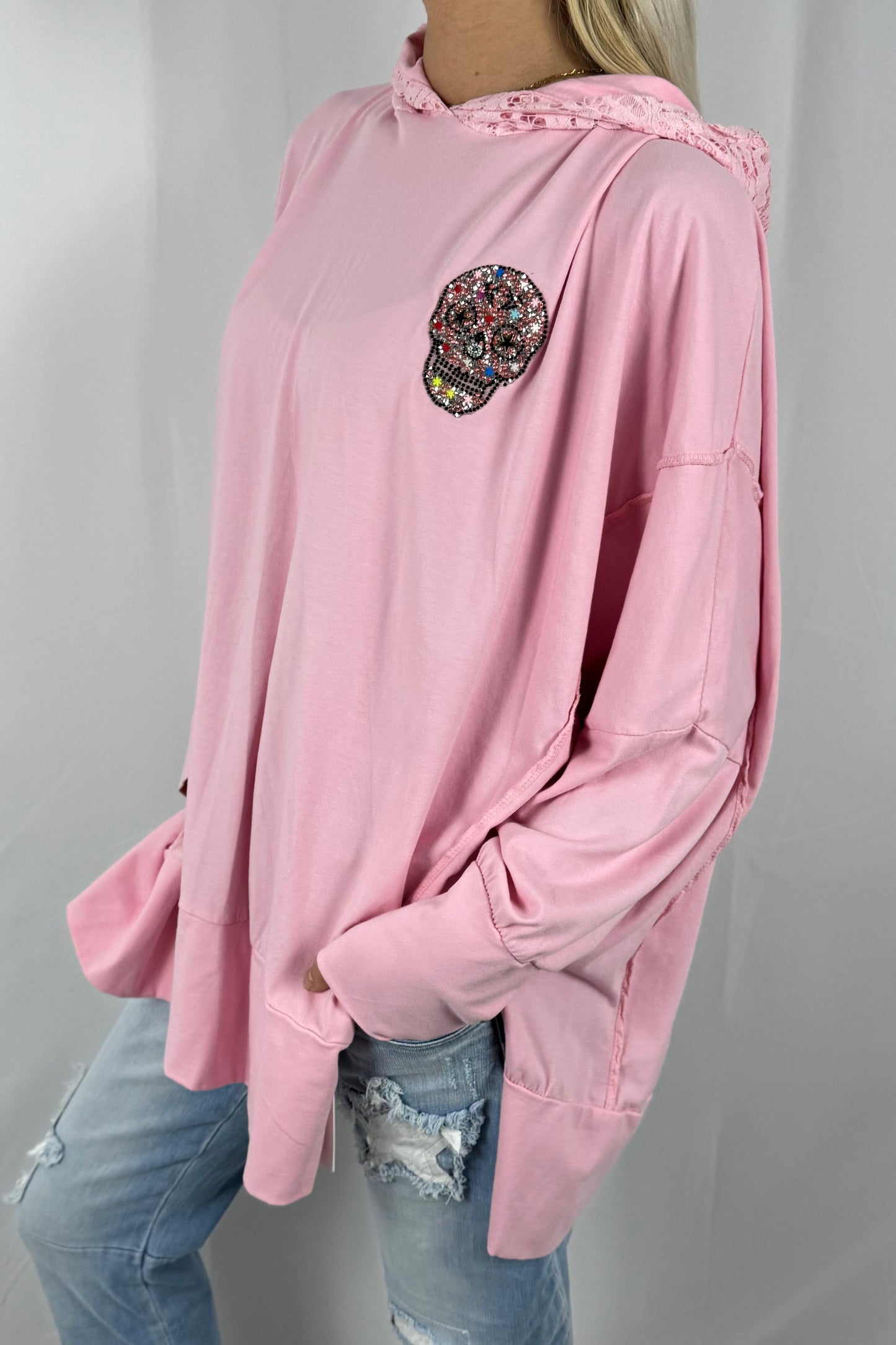 Damen Hoodie mit Strass Totenkopf-Rosa
