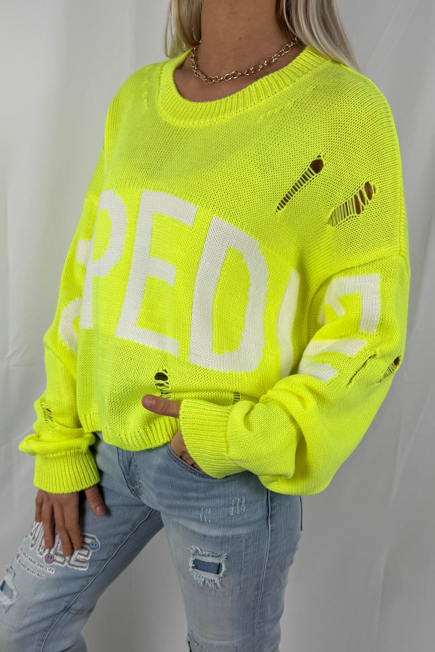 Strickshirt mit Schrift-Design-Neon Gelb