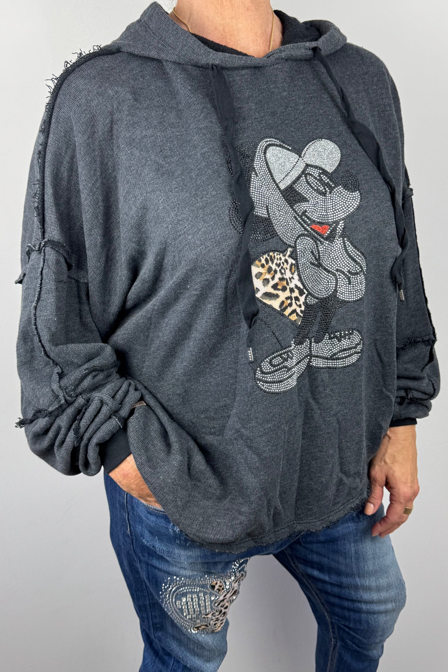 Damen Hoodie mit Glitzer-Motiv & Animal-Print-Detai