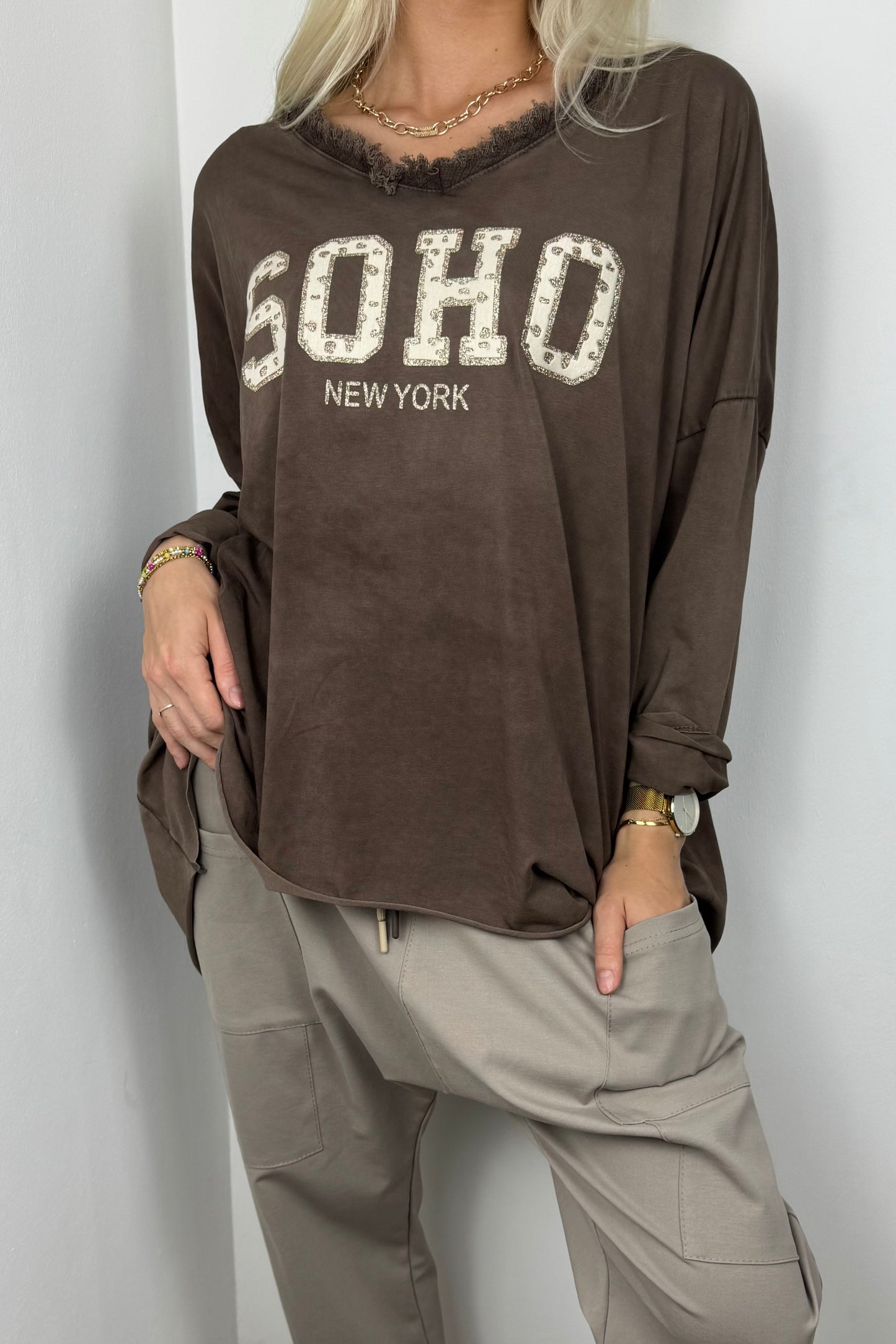 Oversize Shirt „SOHO New York“ mit Fransen-Detail-Choco
