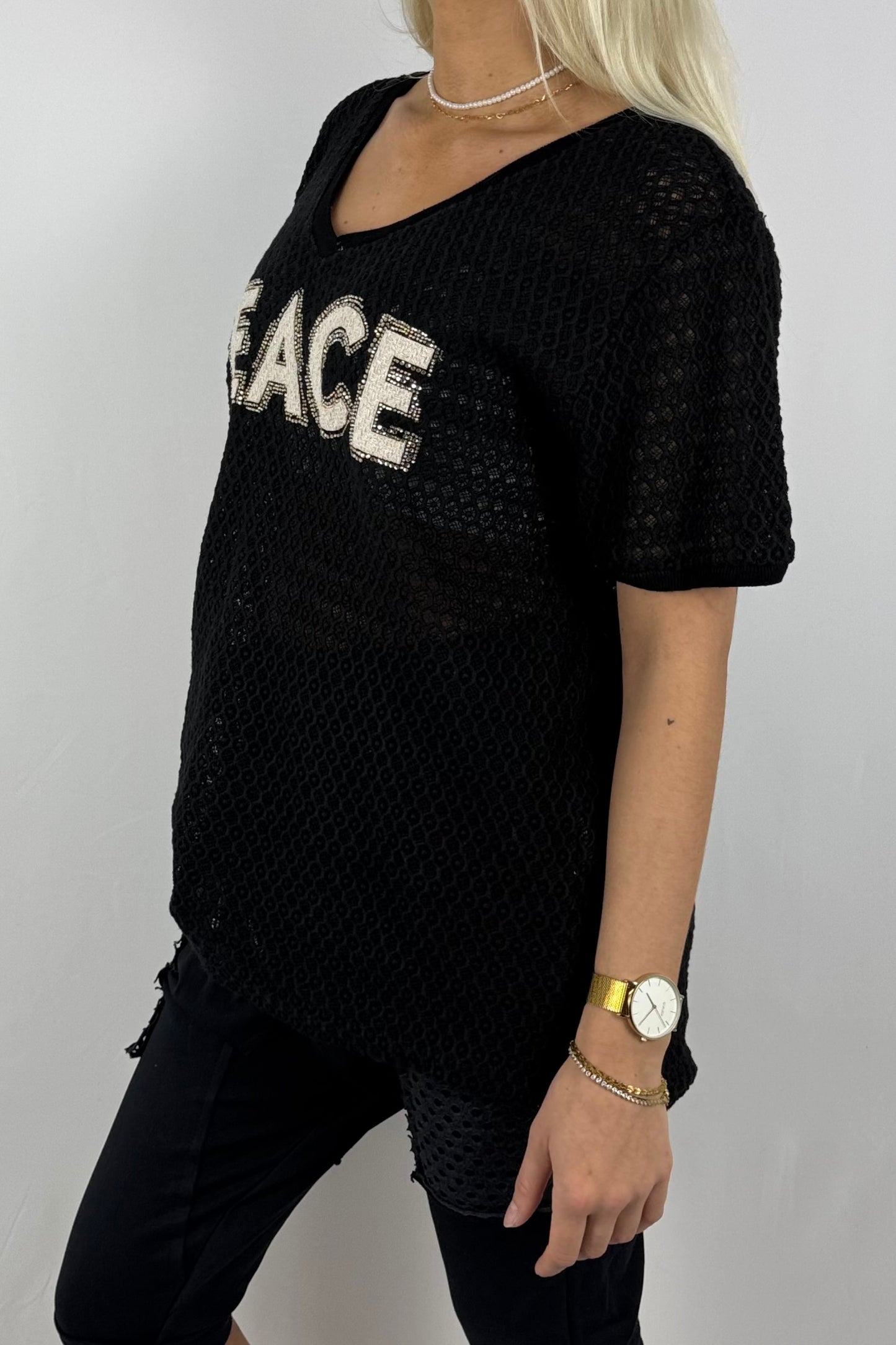 Netz-Shirt „PEACE“ mit Strass-Applikation-Schwarz