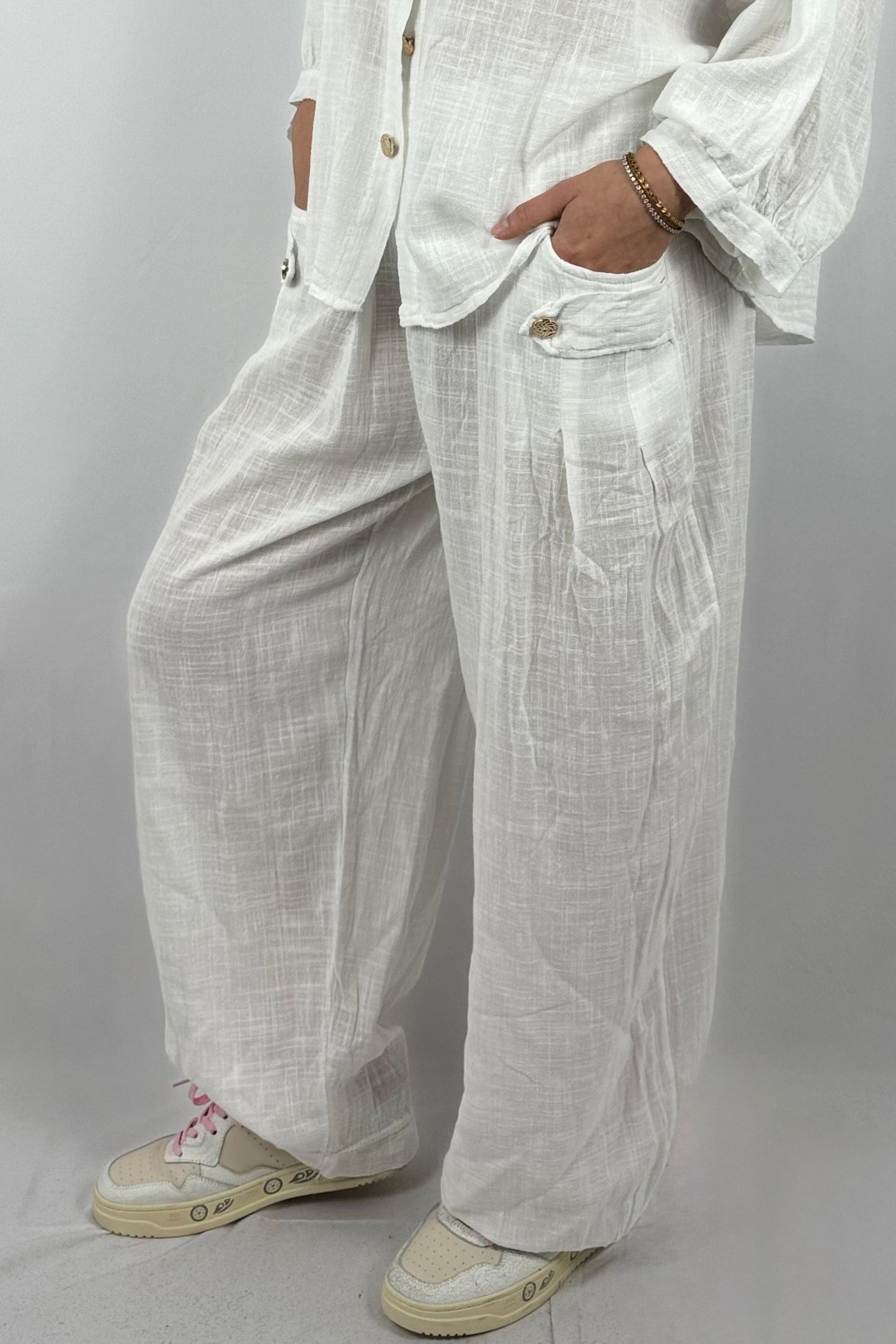 Baumwollhose mit elastischem Bund und Cargo-Taschen-Weiß