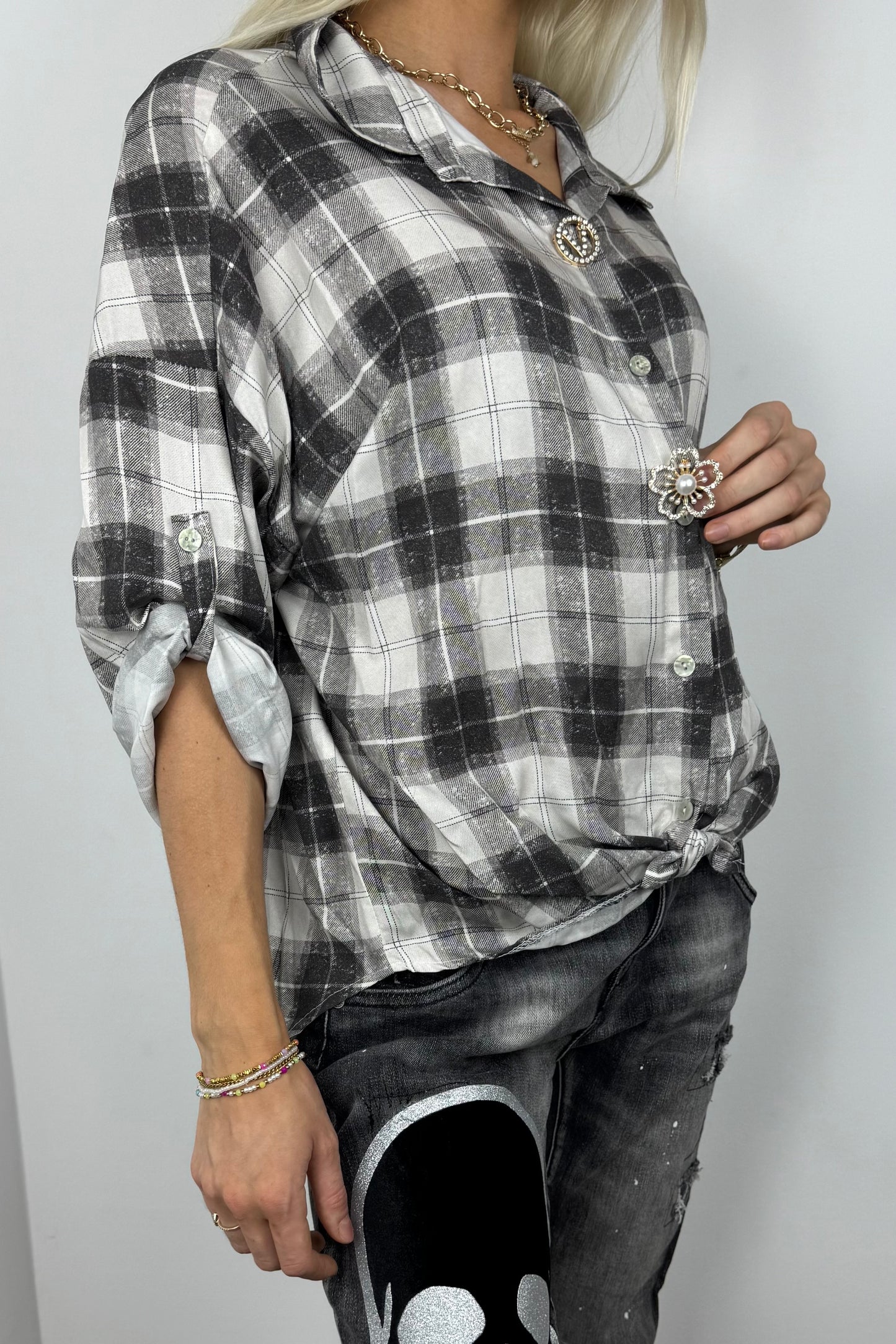 Leichte Karobluse mit Knotendetail – Grey