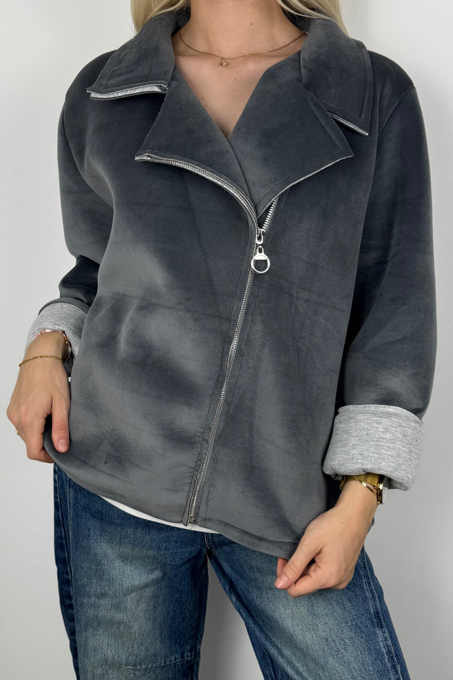 Jacke mit Reißverschluss und Rock & Roll Print-Grau
