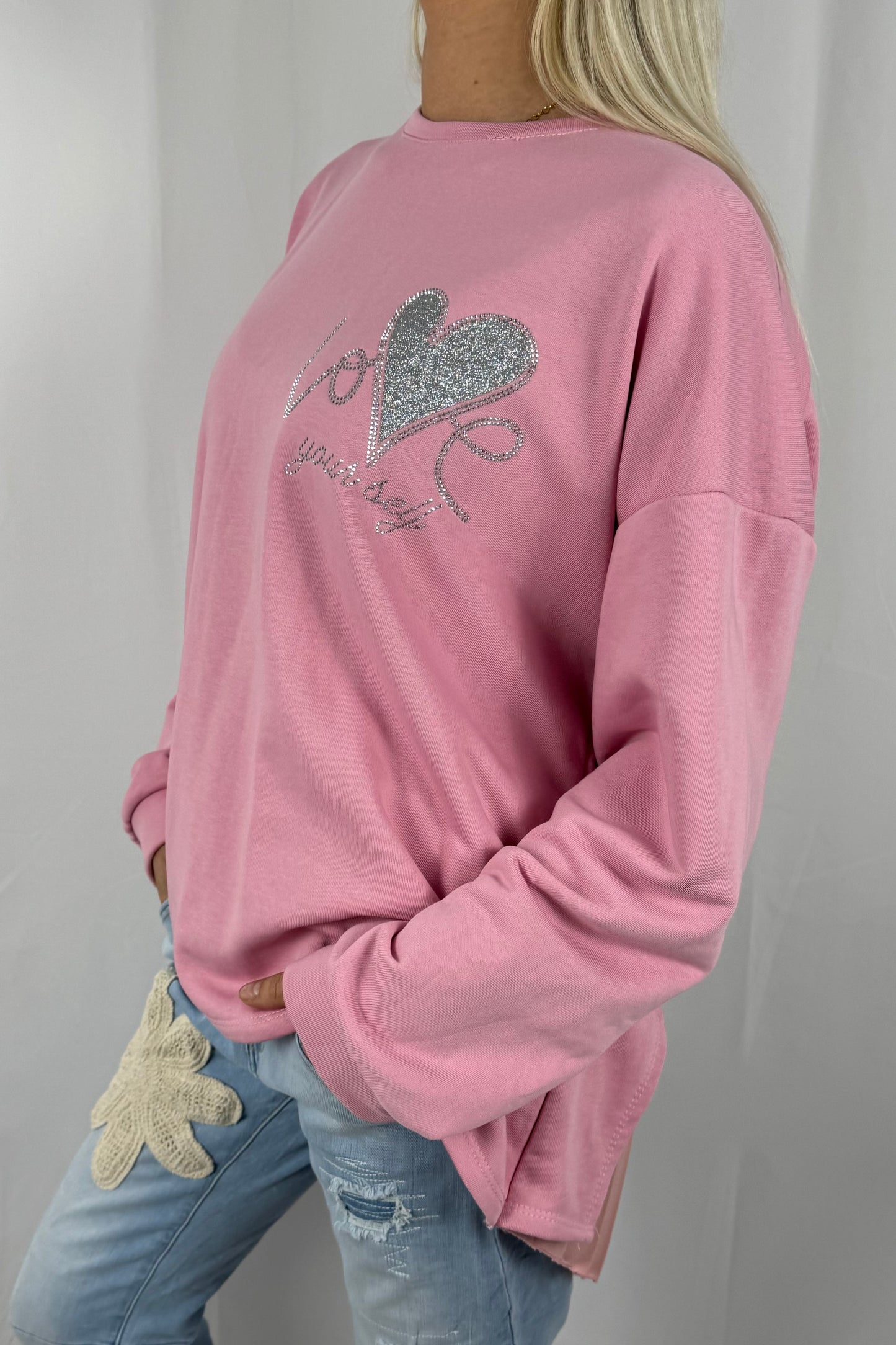 Damen Sweatshirt mit Glitzer Herz & Plissee Einsatz-Rosa