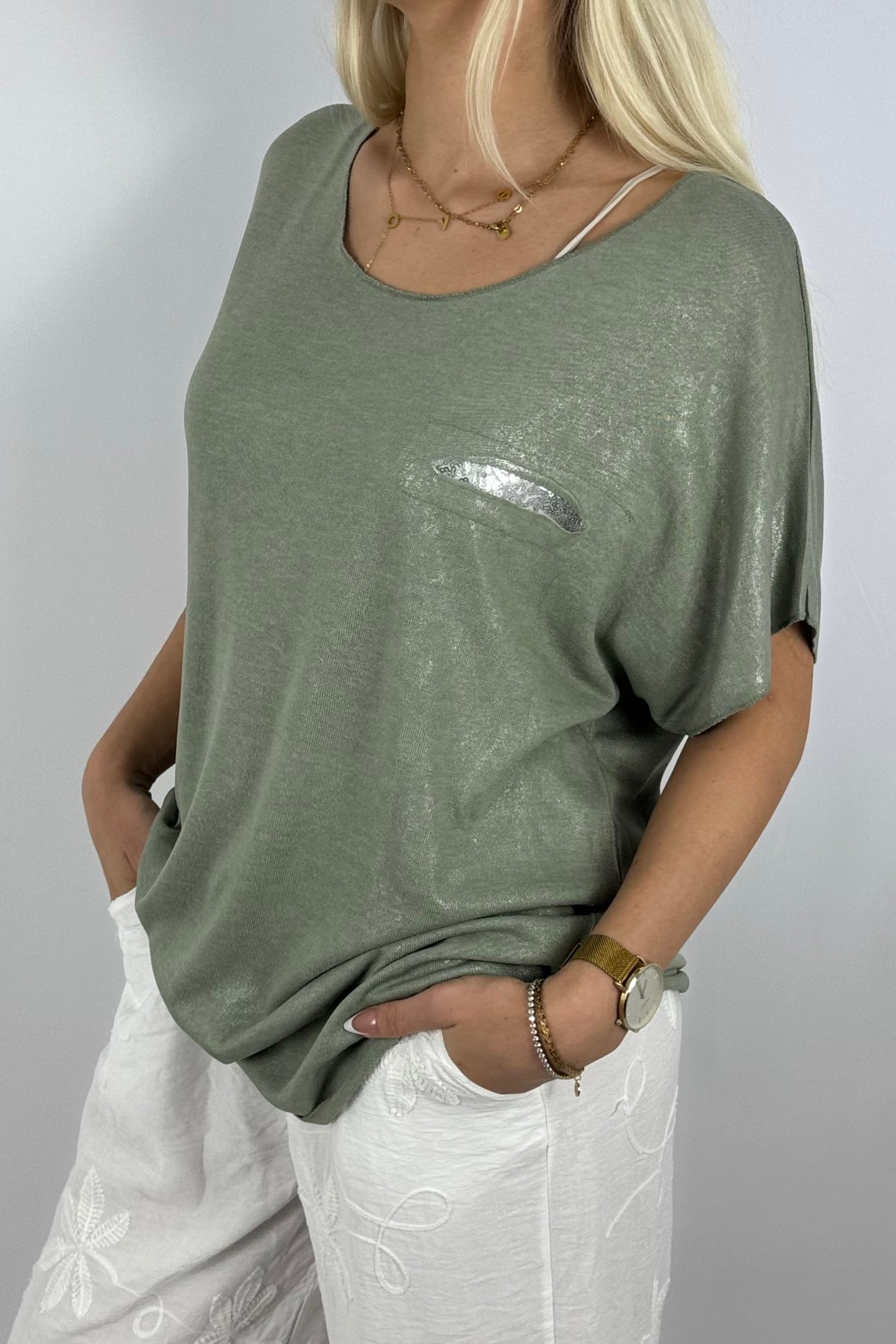 Glitzer-Shirt mit Pailletten-Detail – elegant & bequem-Khaki