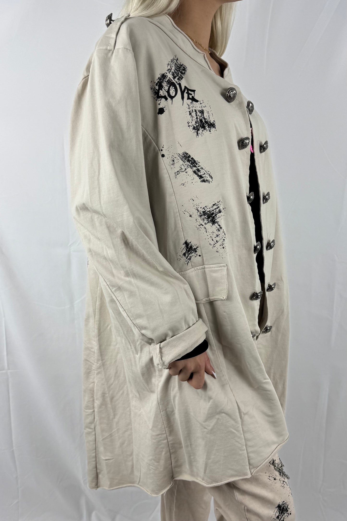 Lässiger Mantel mit Print & Knopfleiste –Beige