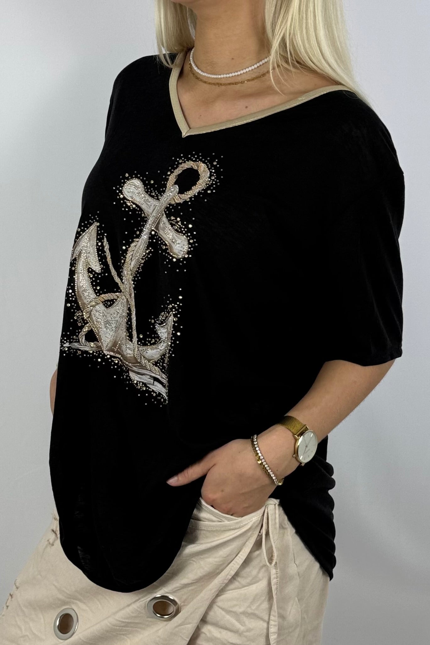 Oversize-Shirt mit Anker-Print & Golddetails-Schwarz