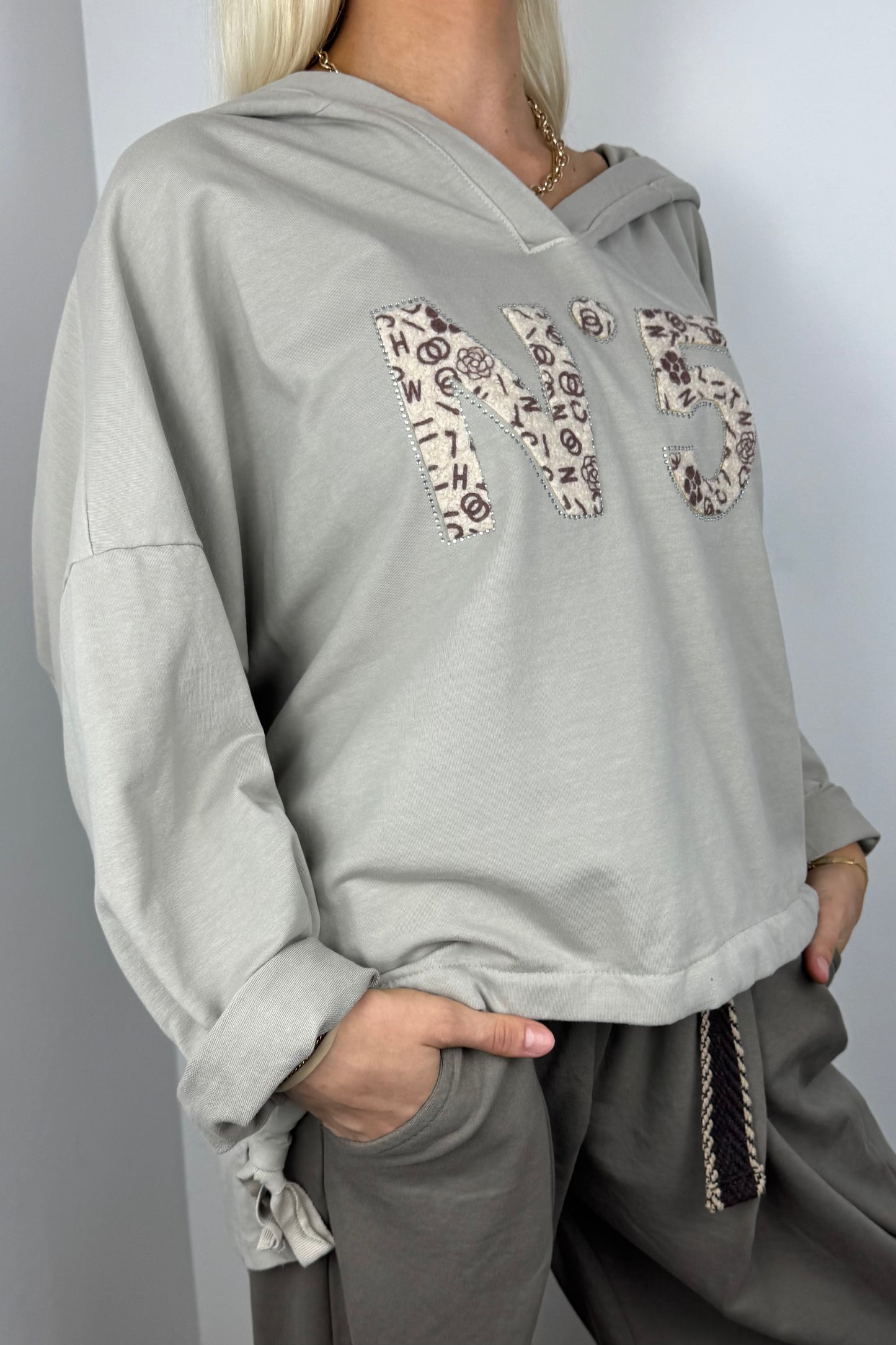 Hoodie mit Print-Detail und Bindeband-Beige