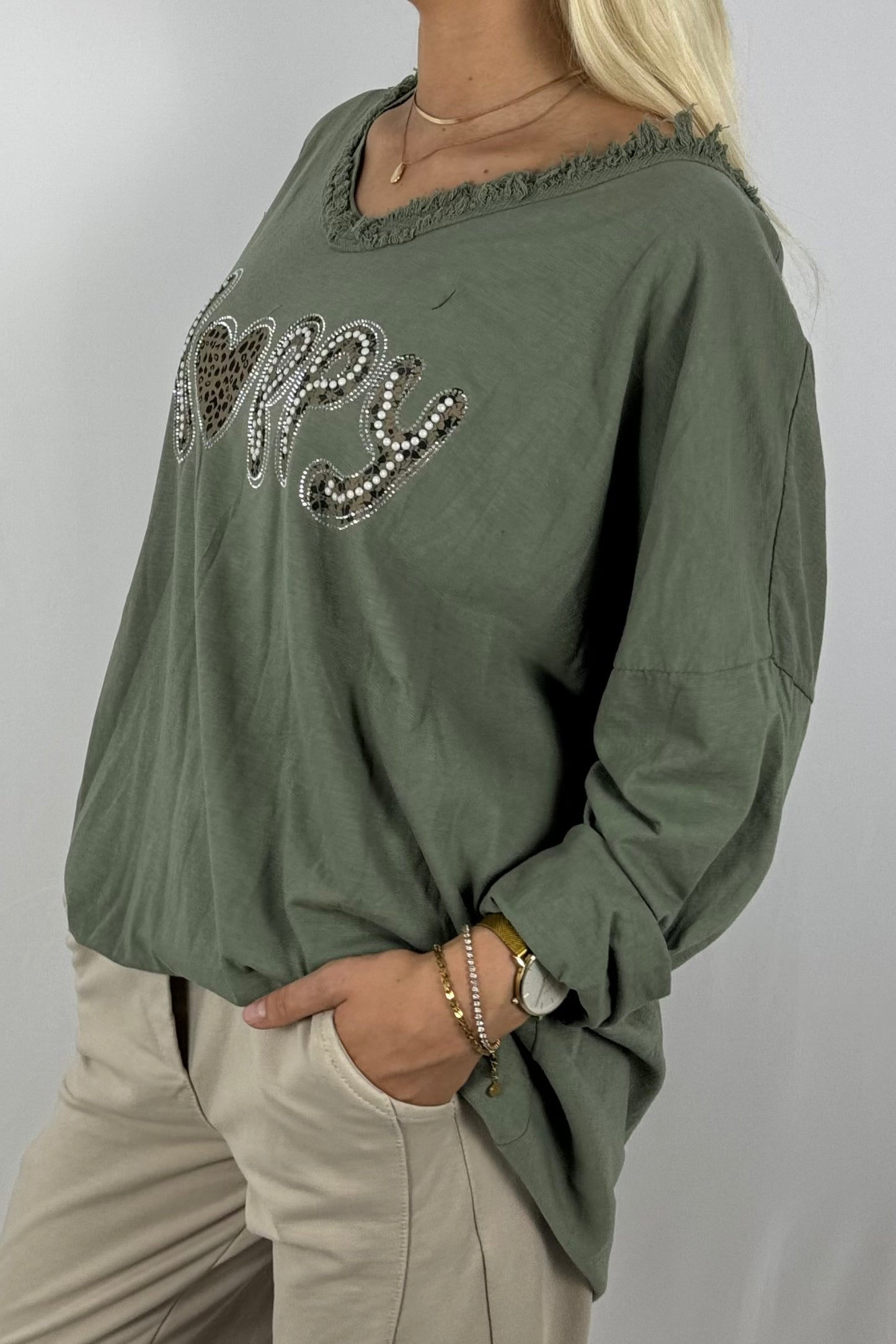 Damen Oversize Shirt – Happy Print-Khaki