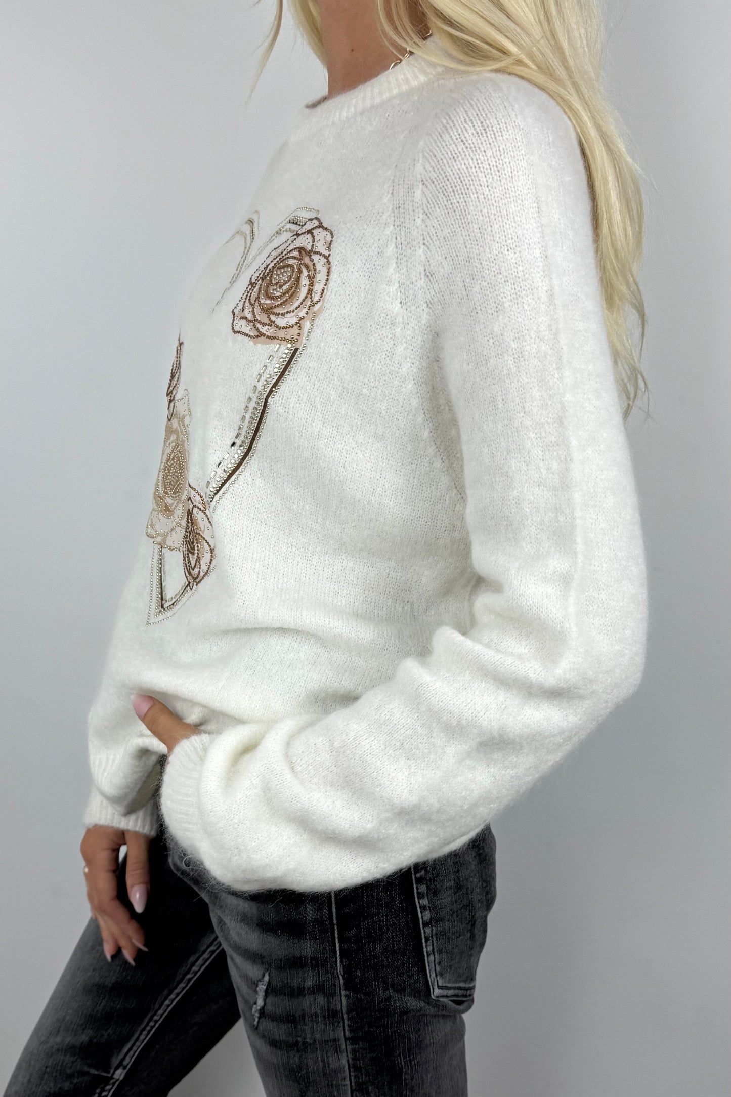 Pullover mit Herz- und Rosen-Design-Weiß