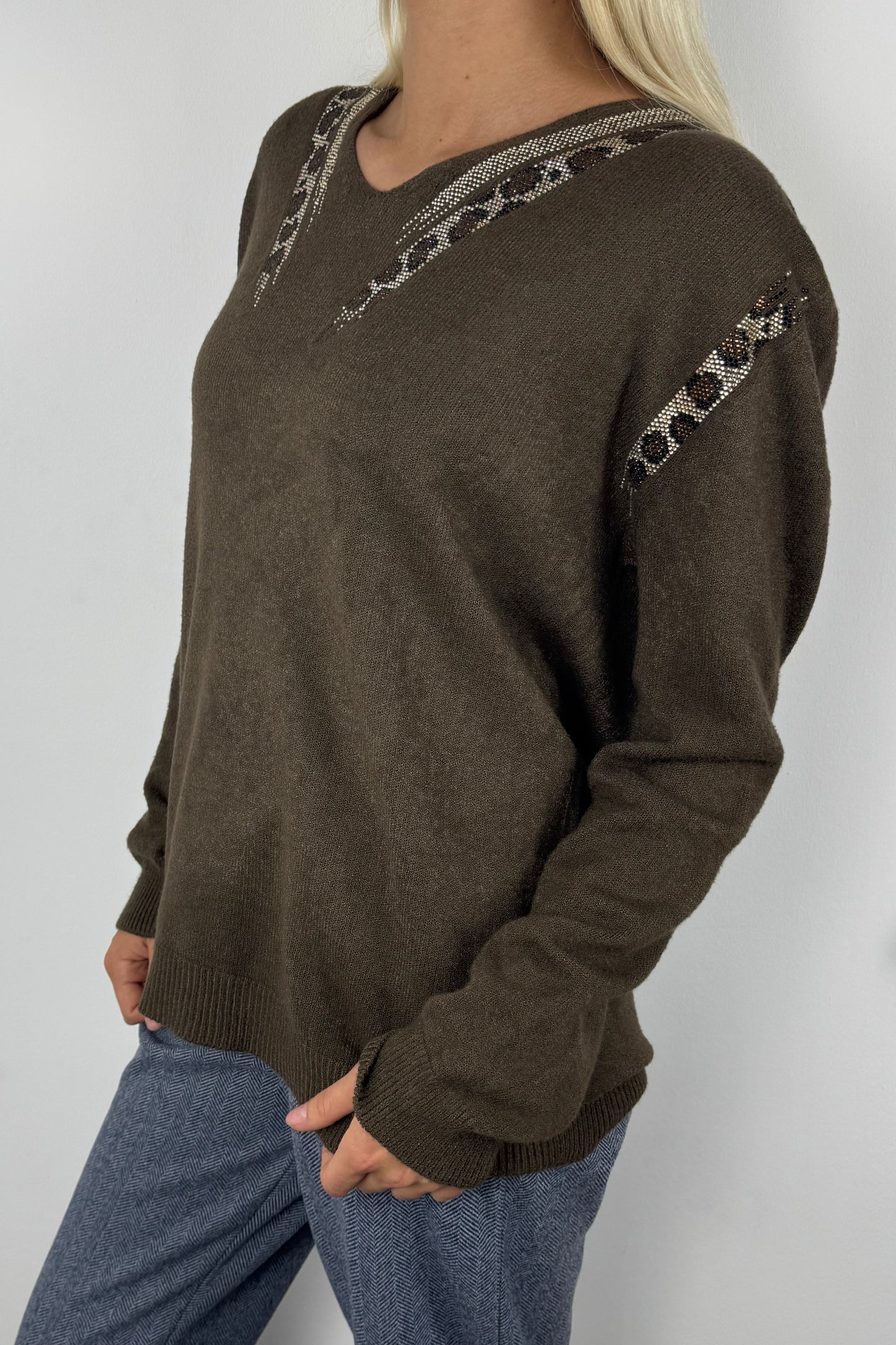 Feinstrick Pullover mit Glitzer-Details und V-Ausschnitt-Choco