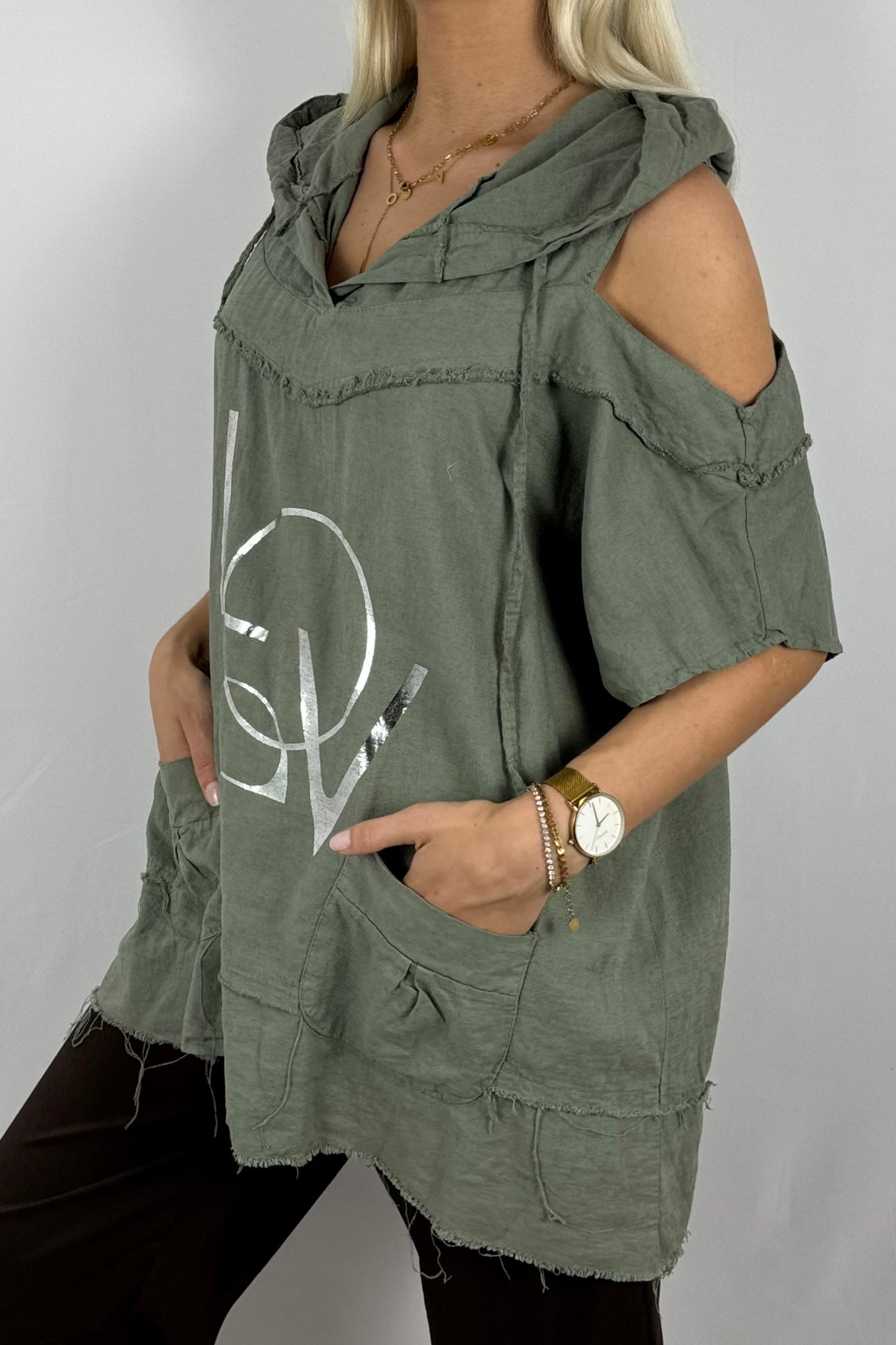 Leinen-Top mit Kapuze & LOVE-Print-Khaki