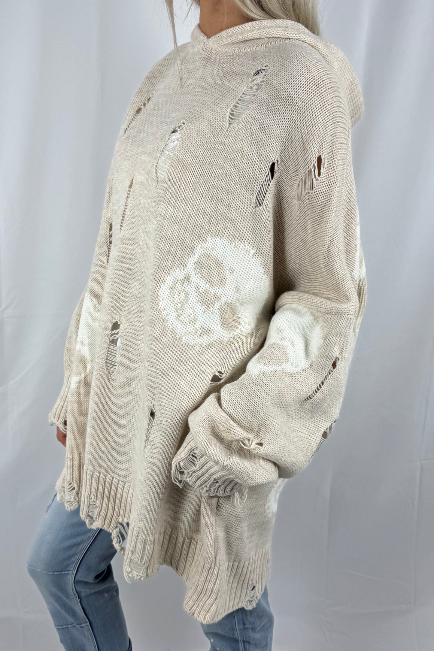 Pullover mit Totenkopf-Print und Kapuze-Beige