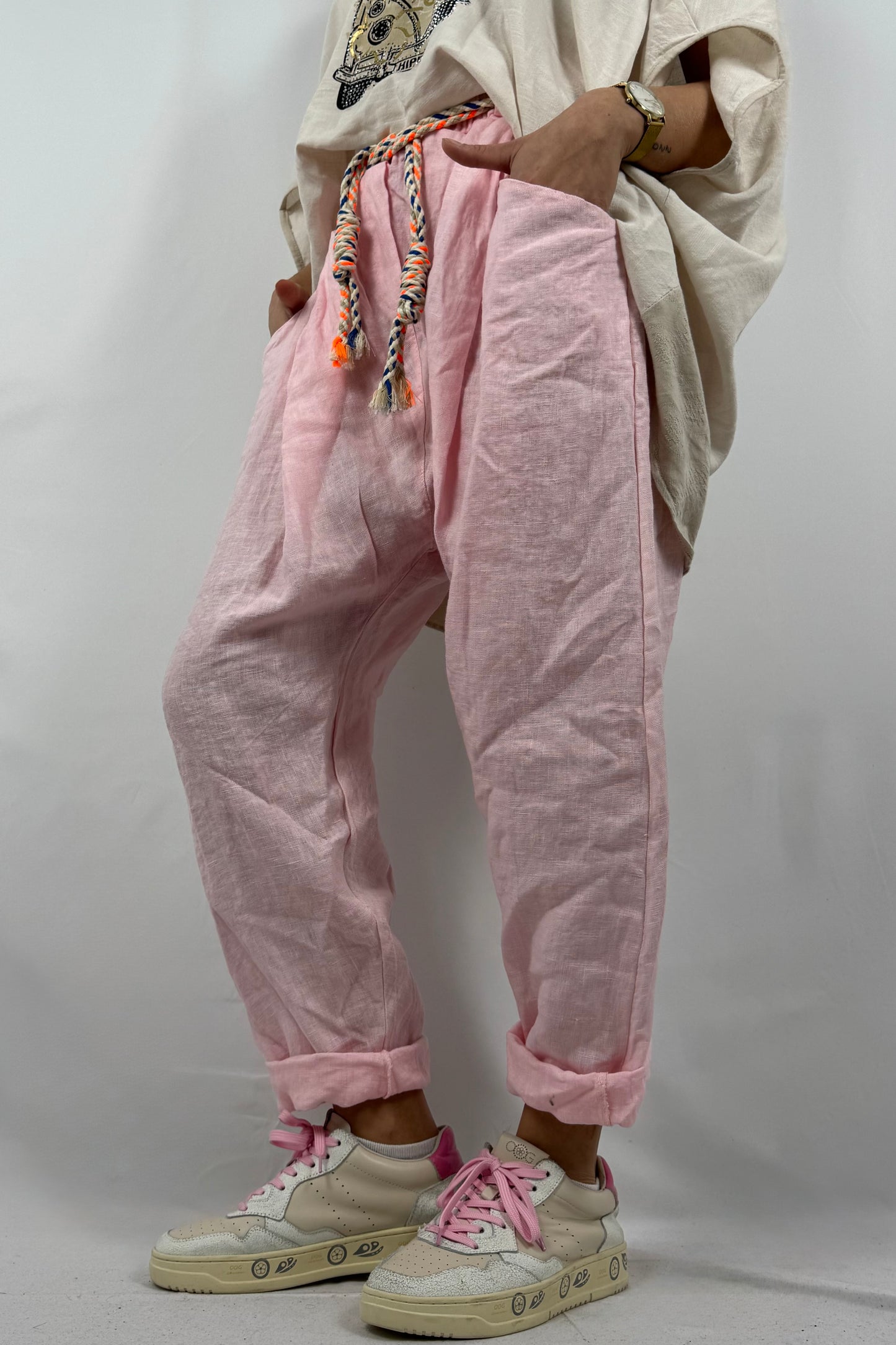 Damen Leinenhose mit Flechtgürtel-Rosa
