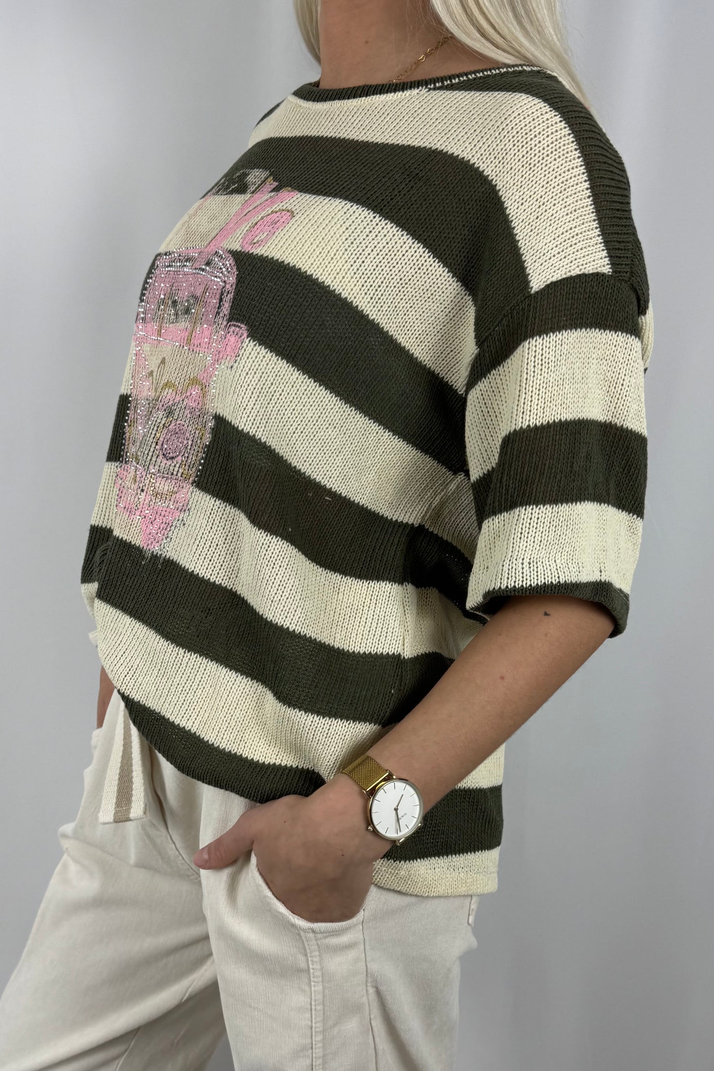 Damen Strickshirt Streifen mit Van Motiv-Khaki