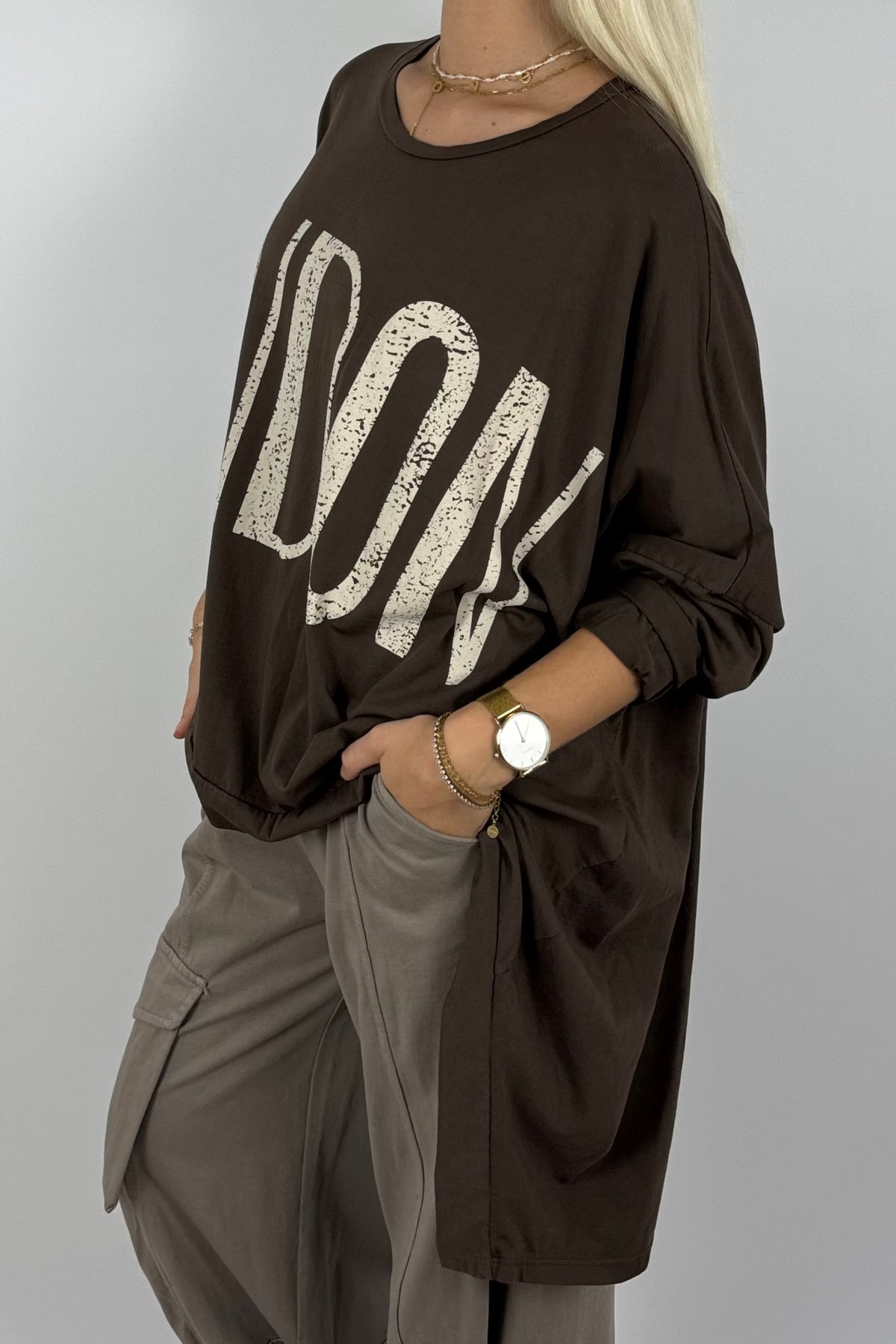 Oversize Shirt mit „LONDON“-Print – Schoko
