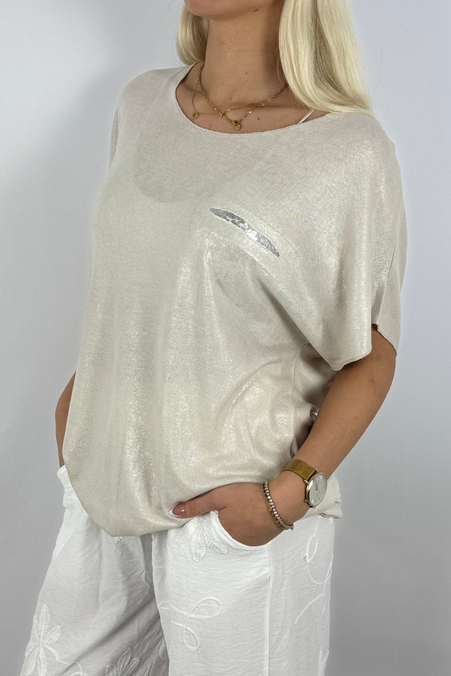 Glitzer-Shirt mit Pailletten-Detail – elegant & bequem-Beige