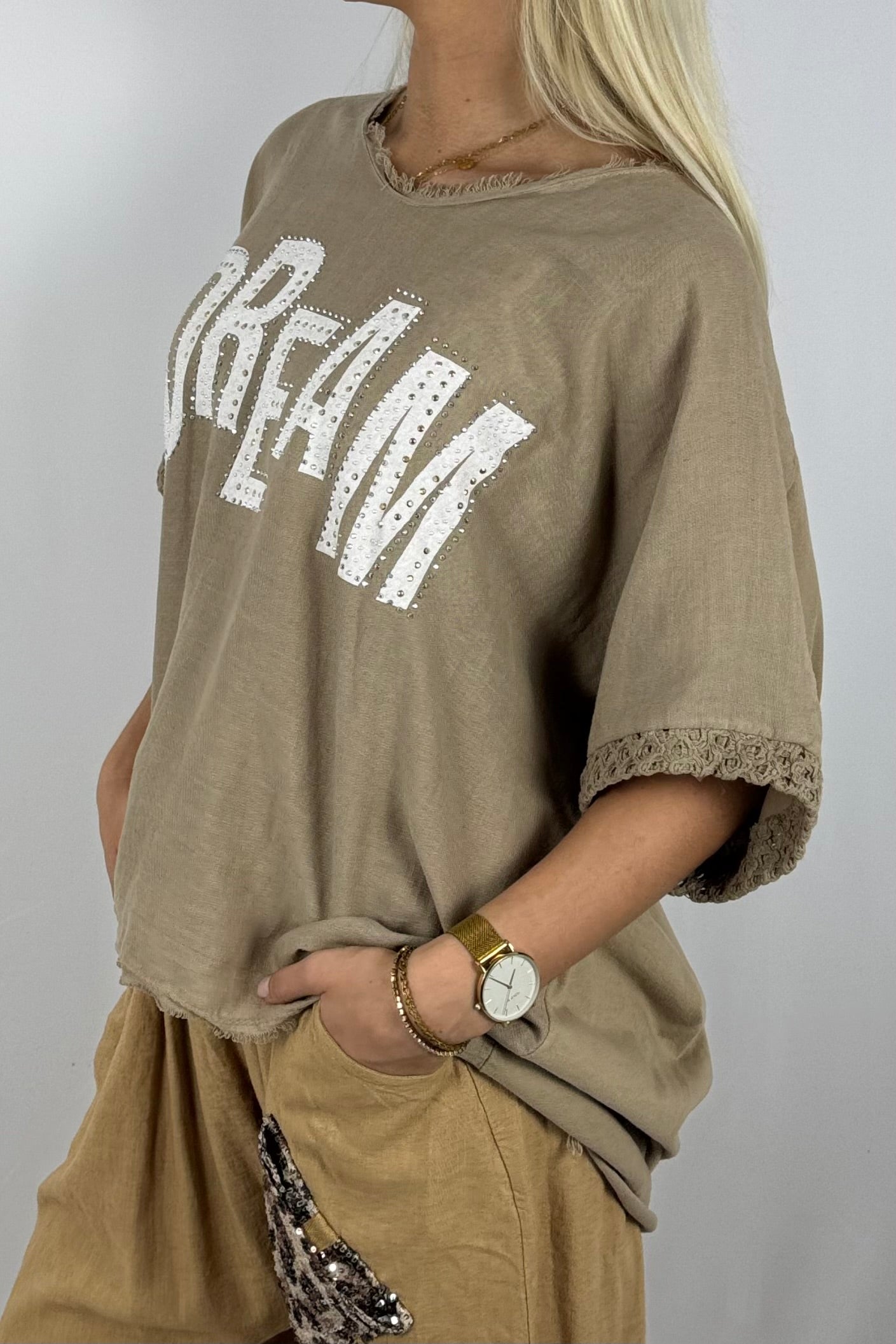 Leinen-Shirt „DREAM“ mit Strassdetails-Safari