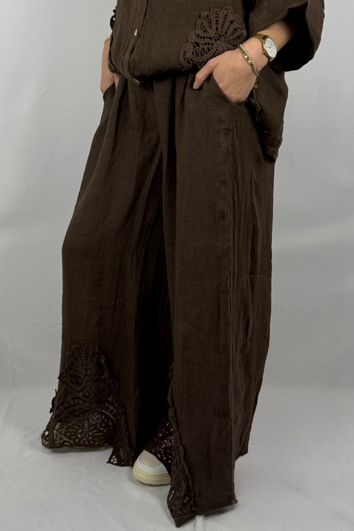 Leinen Hose mit Spitze – Luftiger Oversize Fit-Choco