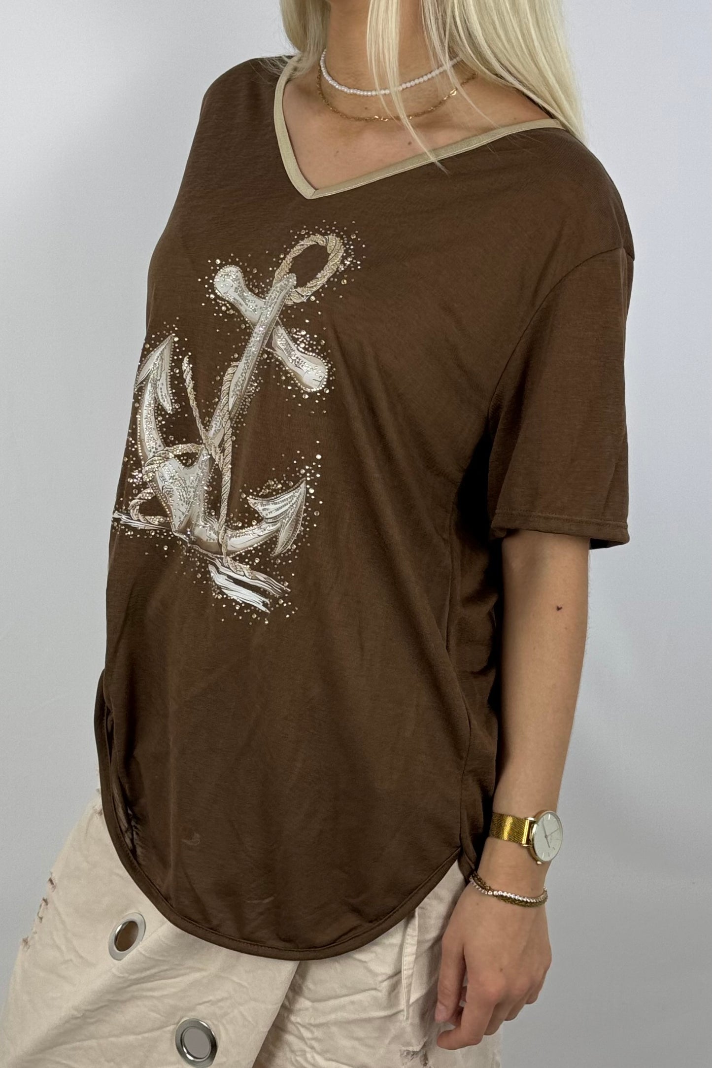 Oversize-Shirt mit Anker-Print & Golddetails-Schoko