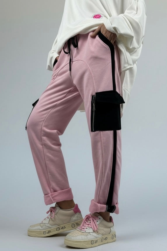 Hose mit Kontrastdetails & Reißverschlusstaschen-Rosa