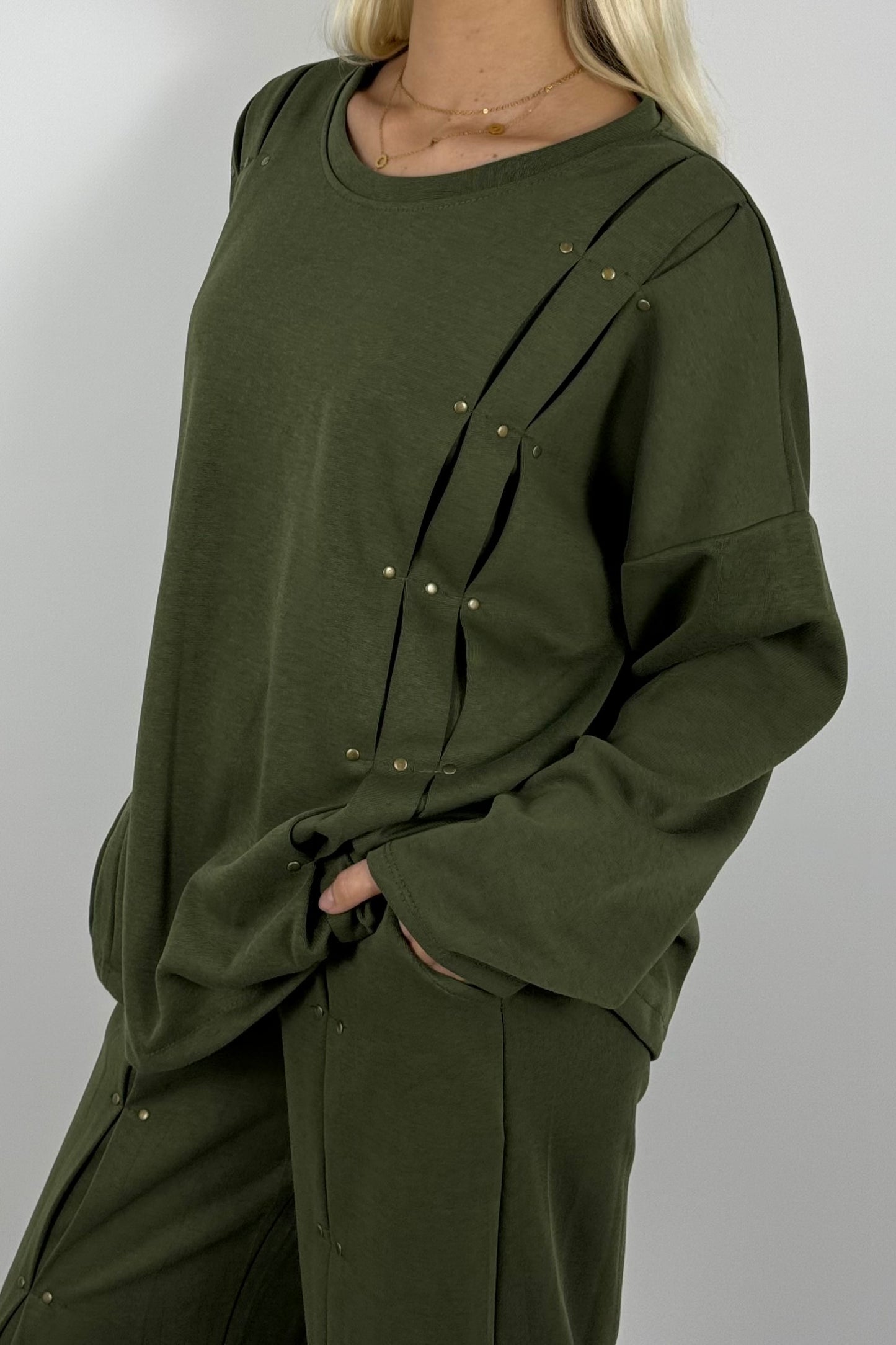 Damen Oversize Sweatshirt mit Nieten & Faltendetails – Khaki