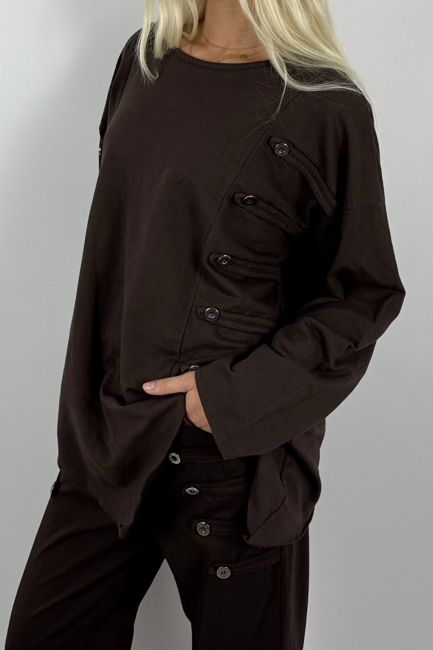 Damen Oversize Shirt mit Knopfdetails – Schoko