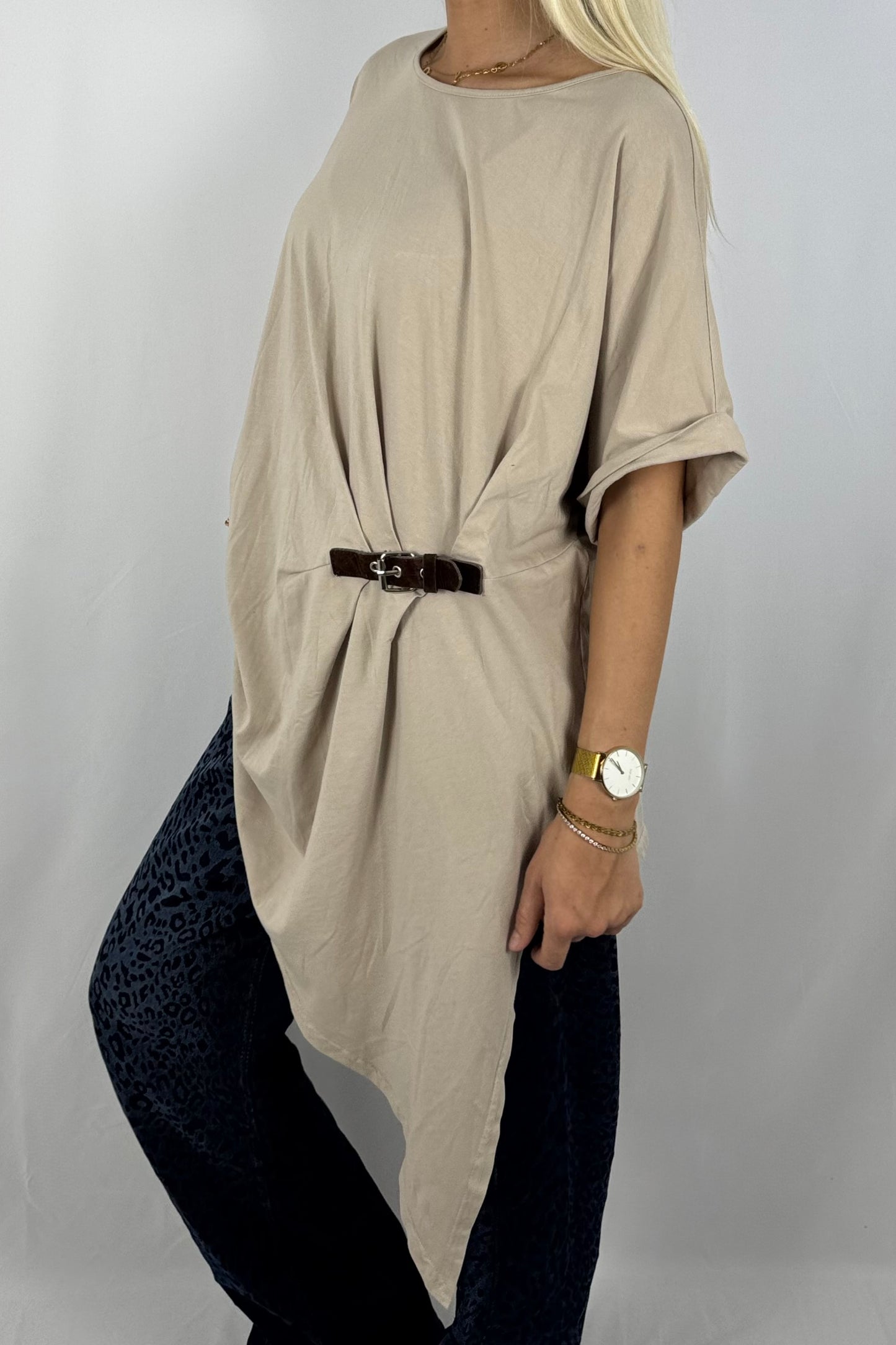 Damen Longshirt mit Schnalle – Oversize-Beige