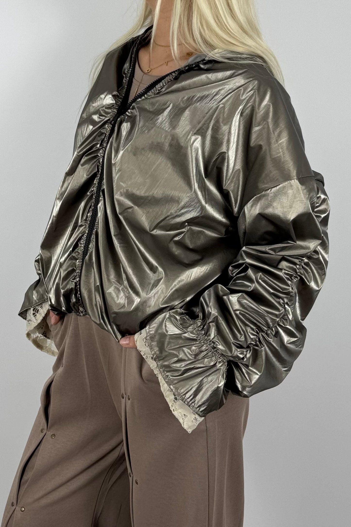 Damen Glanz-Jacke mit Kapuze – Metallic Look - Bronze