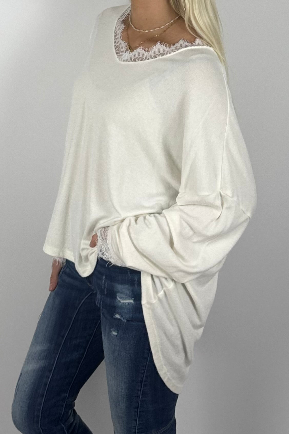 Damen Oversize Shirt mit Spitzen-Details –Weiß