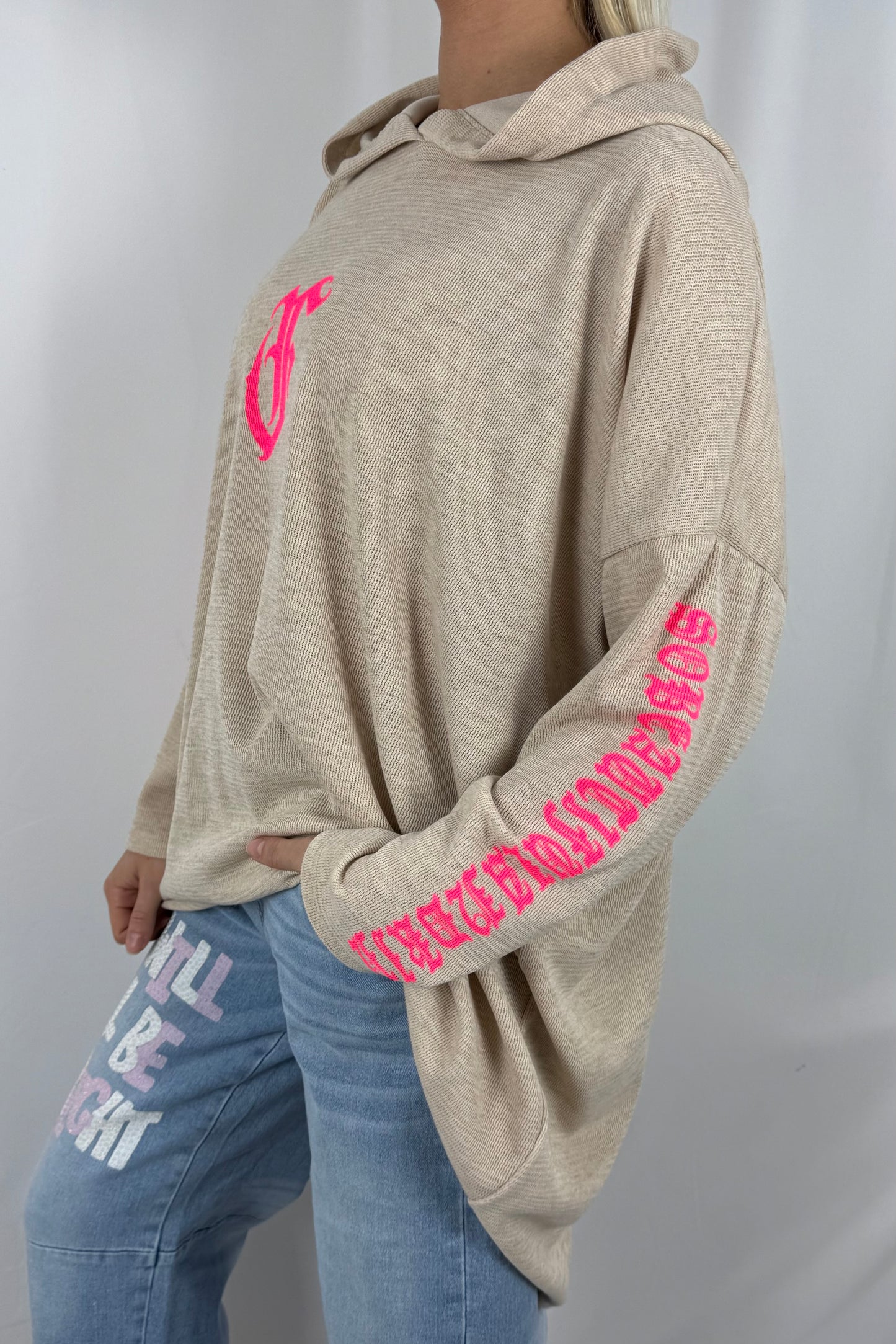 Damen Hoodie mit Frontprint und Schriftzug an den Ärmeln-Beige