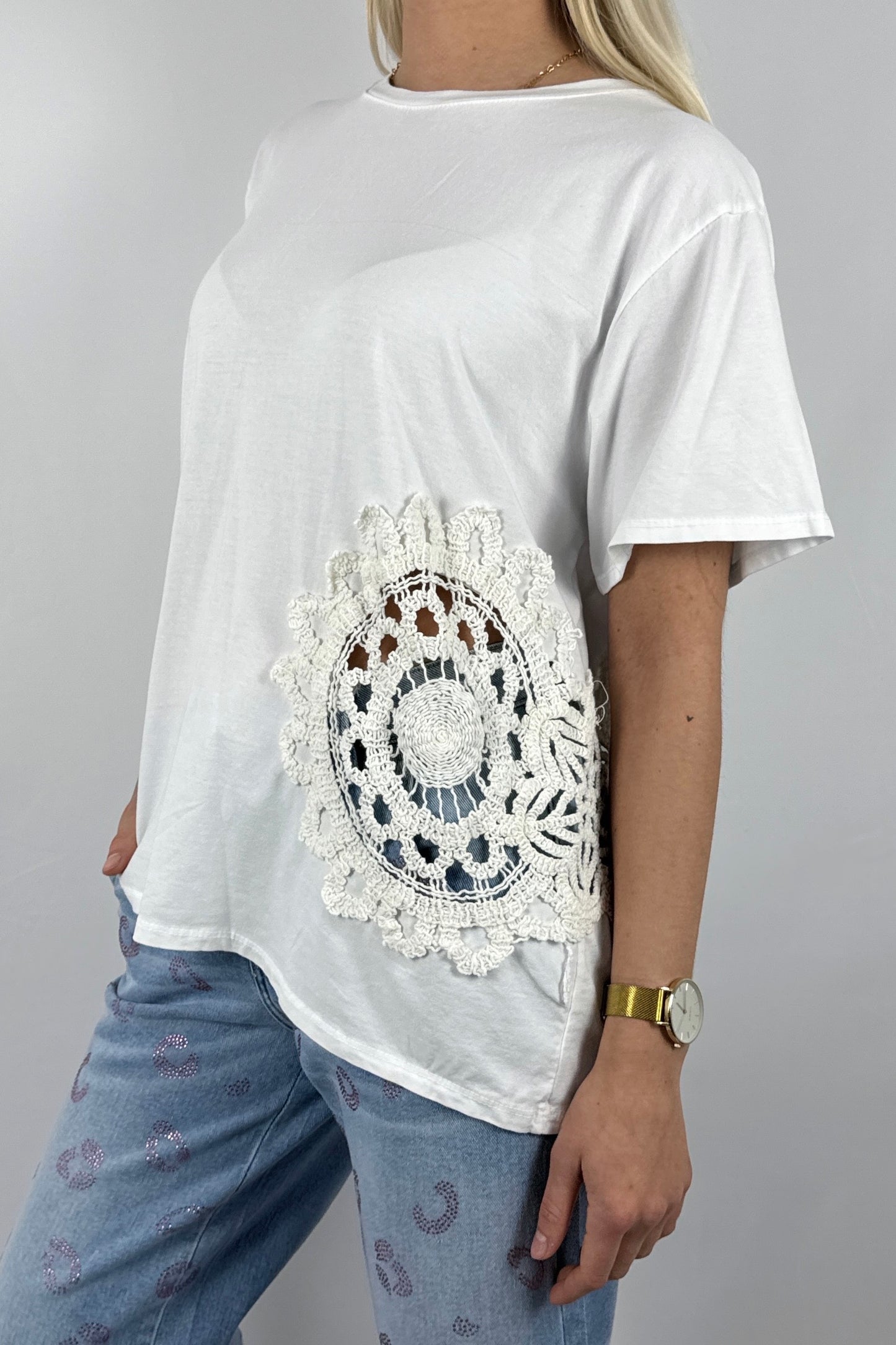 Shirt mit großem Häkel Muster-Weiß