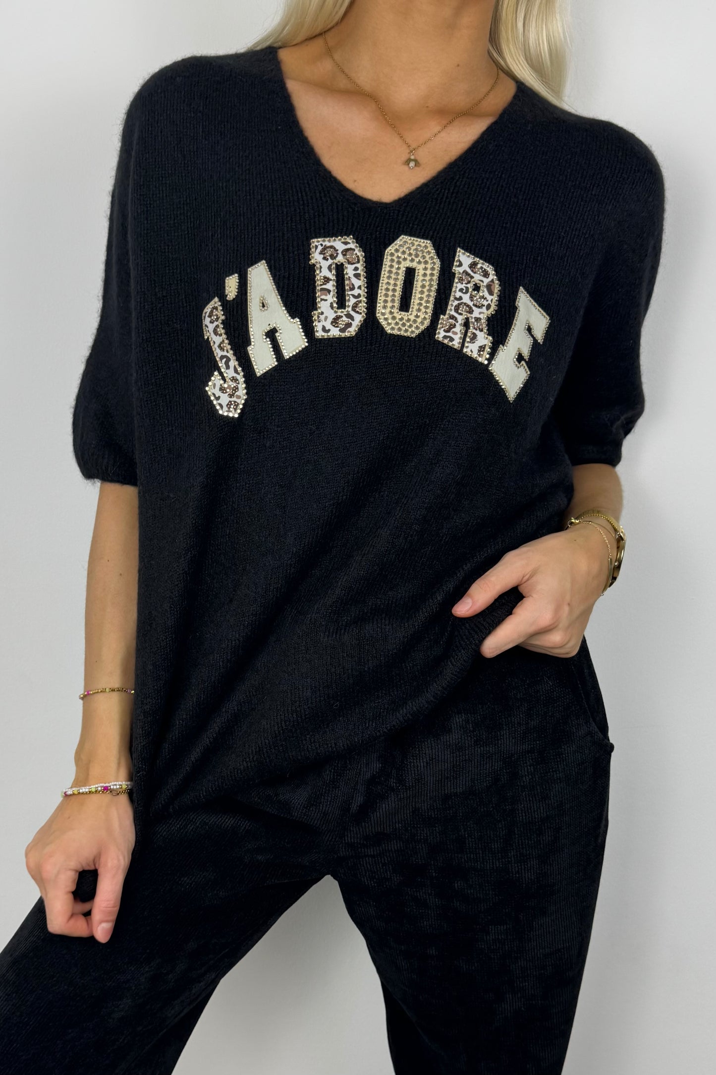 Shirt "J'Adore" mit Strass & Leo-Details-Schwarz
