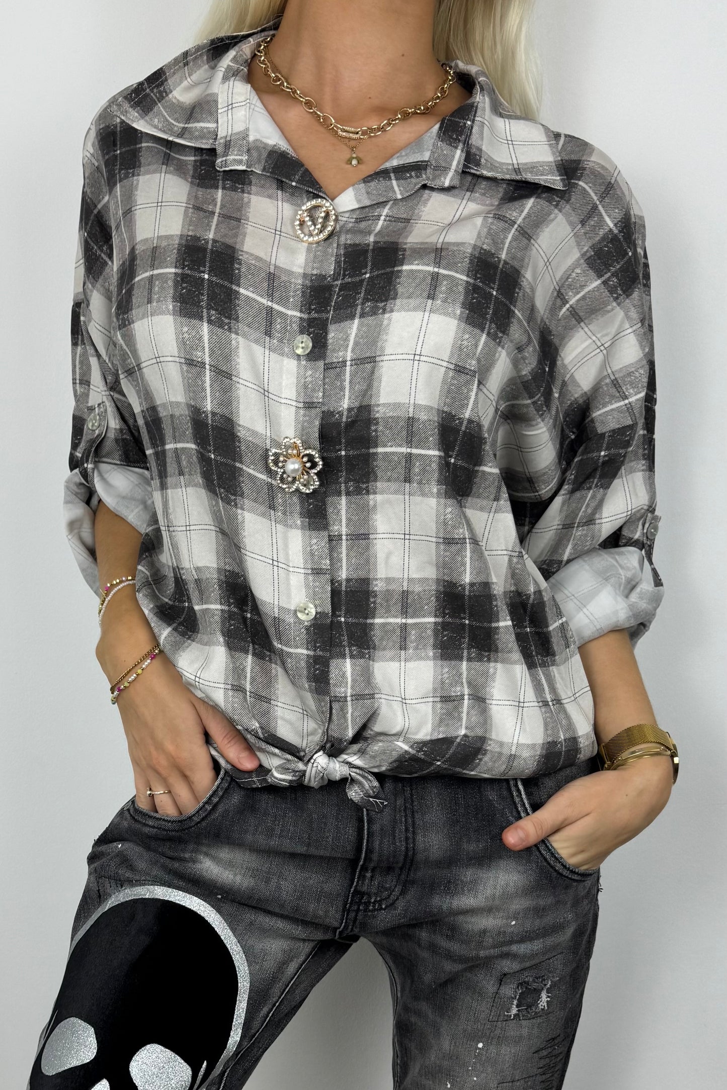 Leichte Karobluse mit Knotendetail – Grey