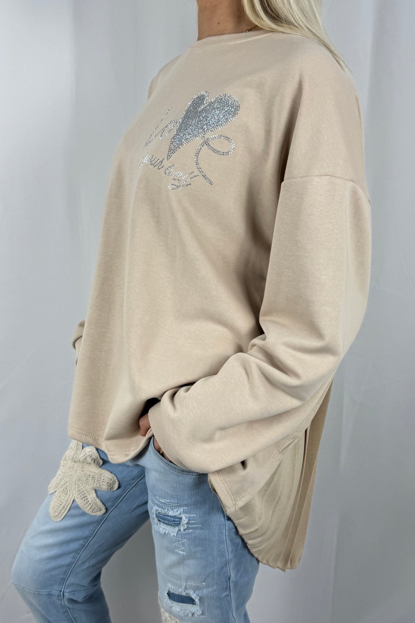 Damen Sweatshirt mit Glitzer Herz & Plissee Einsatz-Beige