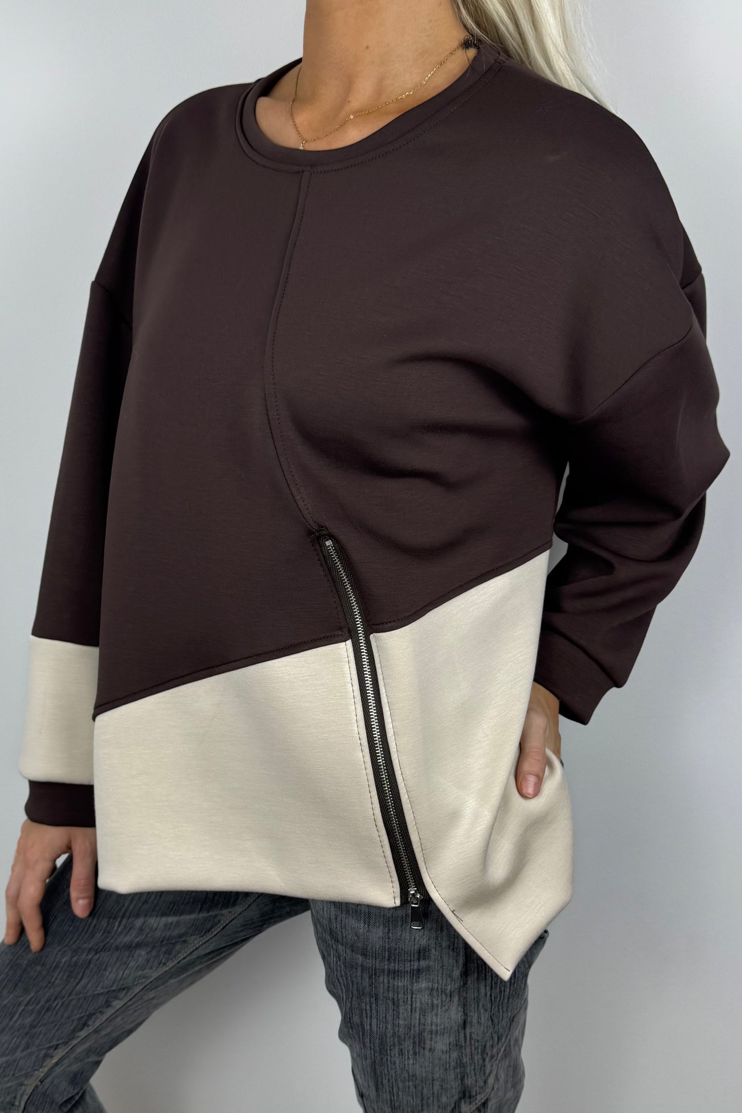 Casual Shirt mit Reißverschluss-Detail –Choco