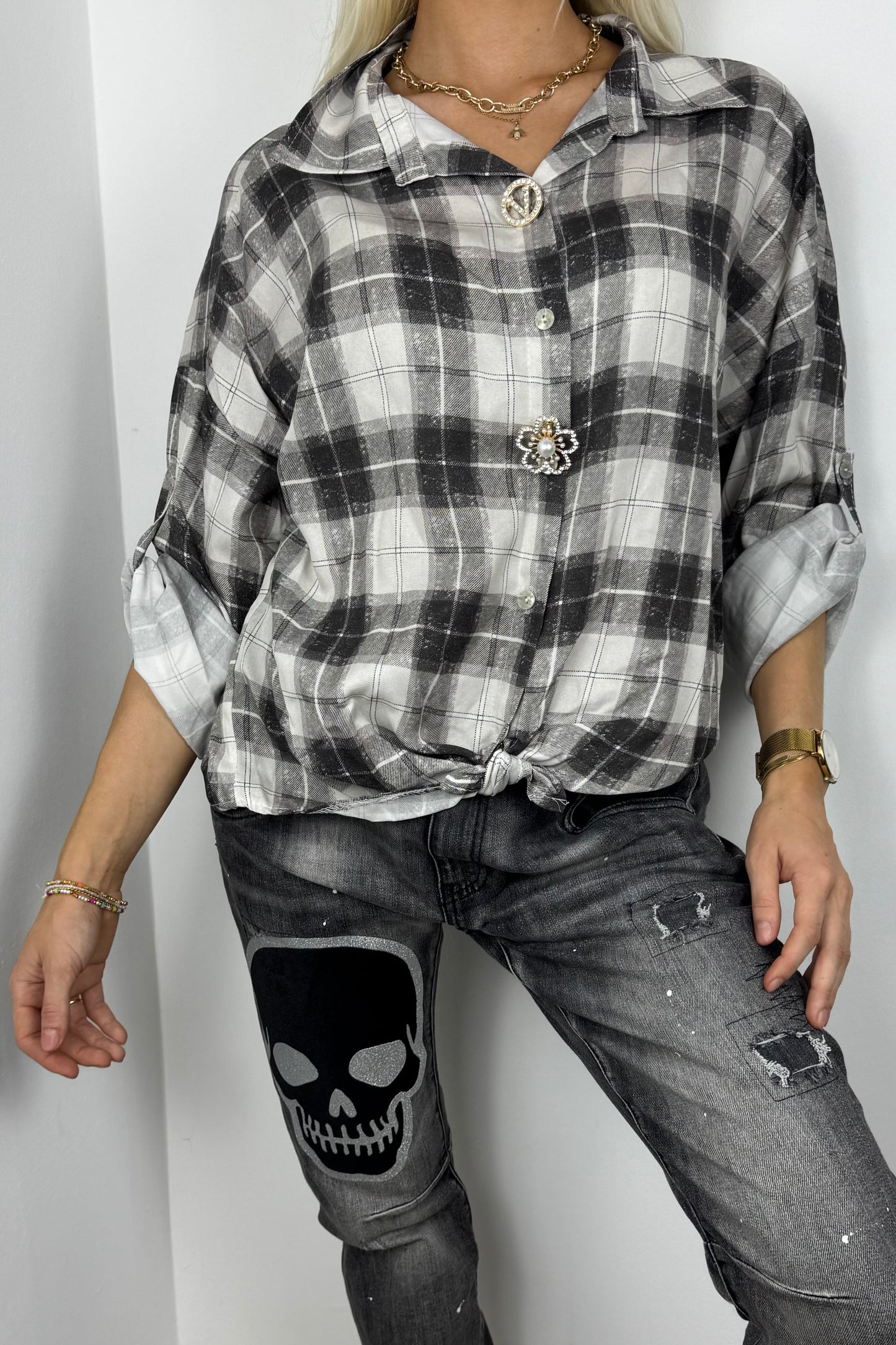 Leichte Karobluse mit Knotendetail – Grey