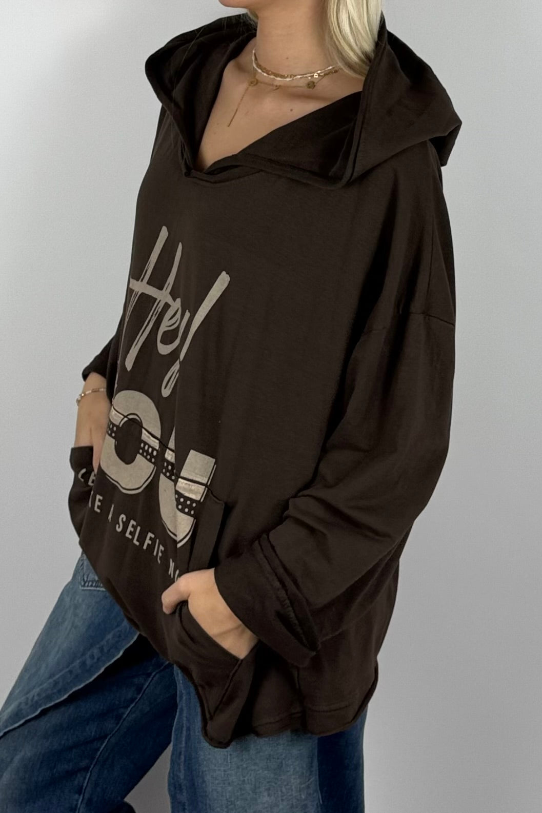 Damen Oversize Hoodie „Hey You“ mit Kapuze – Schoko