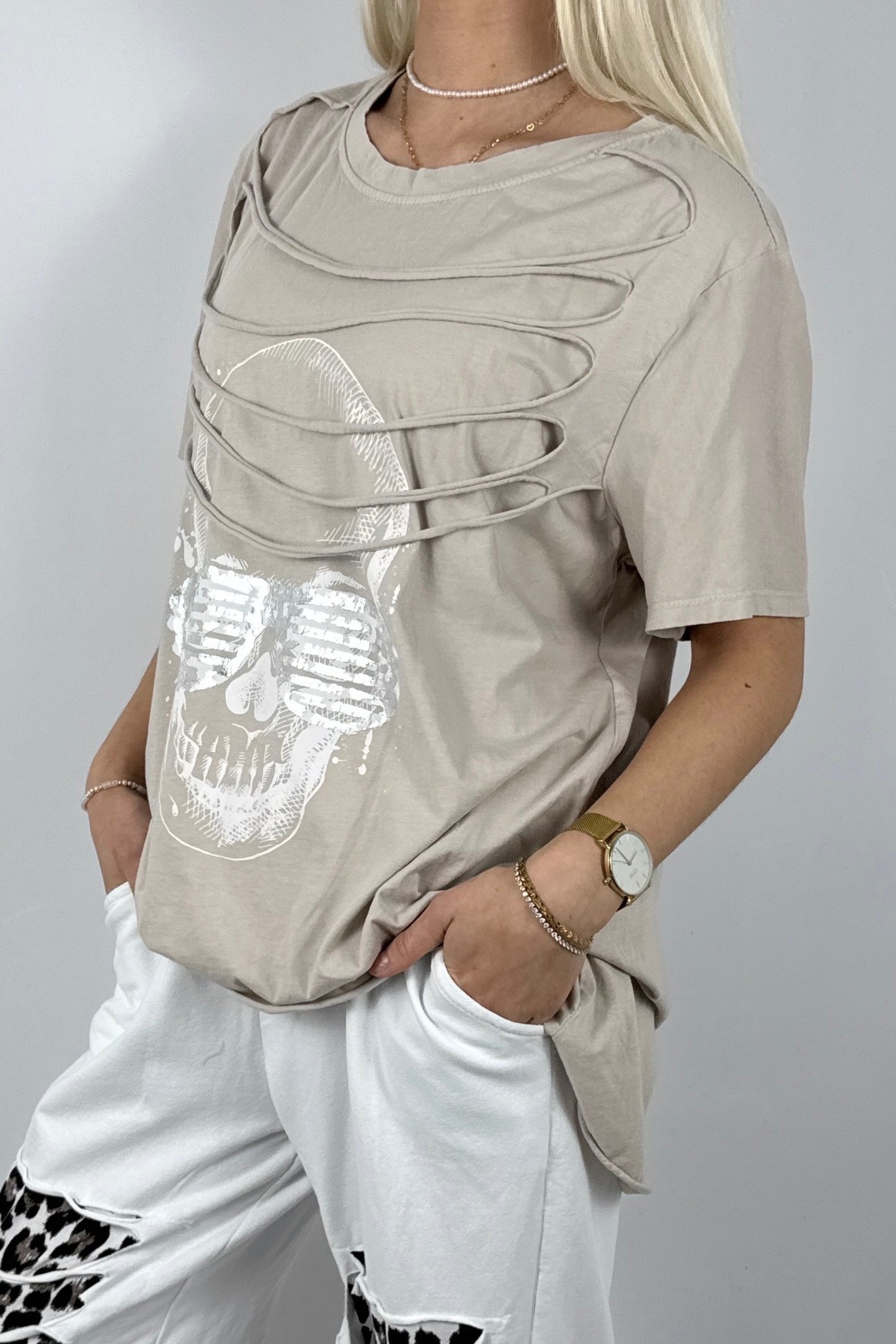 Oversize Shirt mit Skull Print – Moderner Streetstyle-Beige