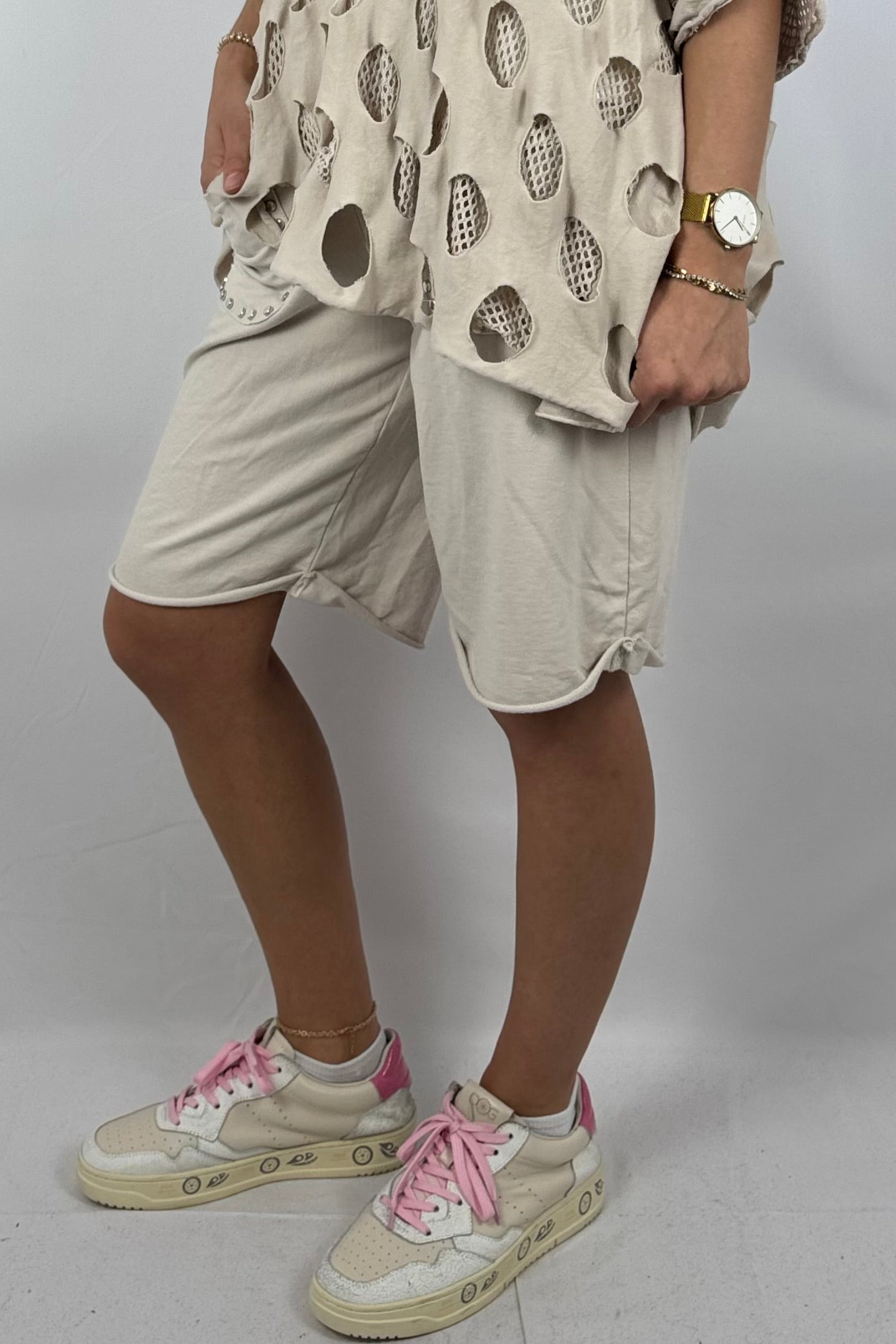 Baumwoll-Shorts mit Nieten-Details-Beige