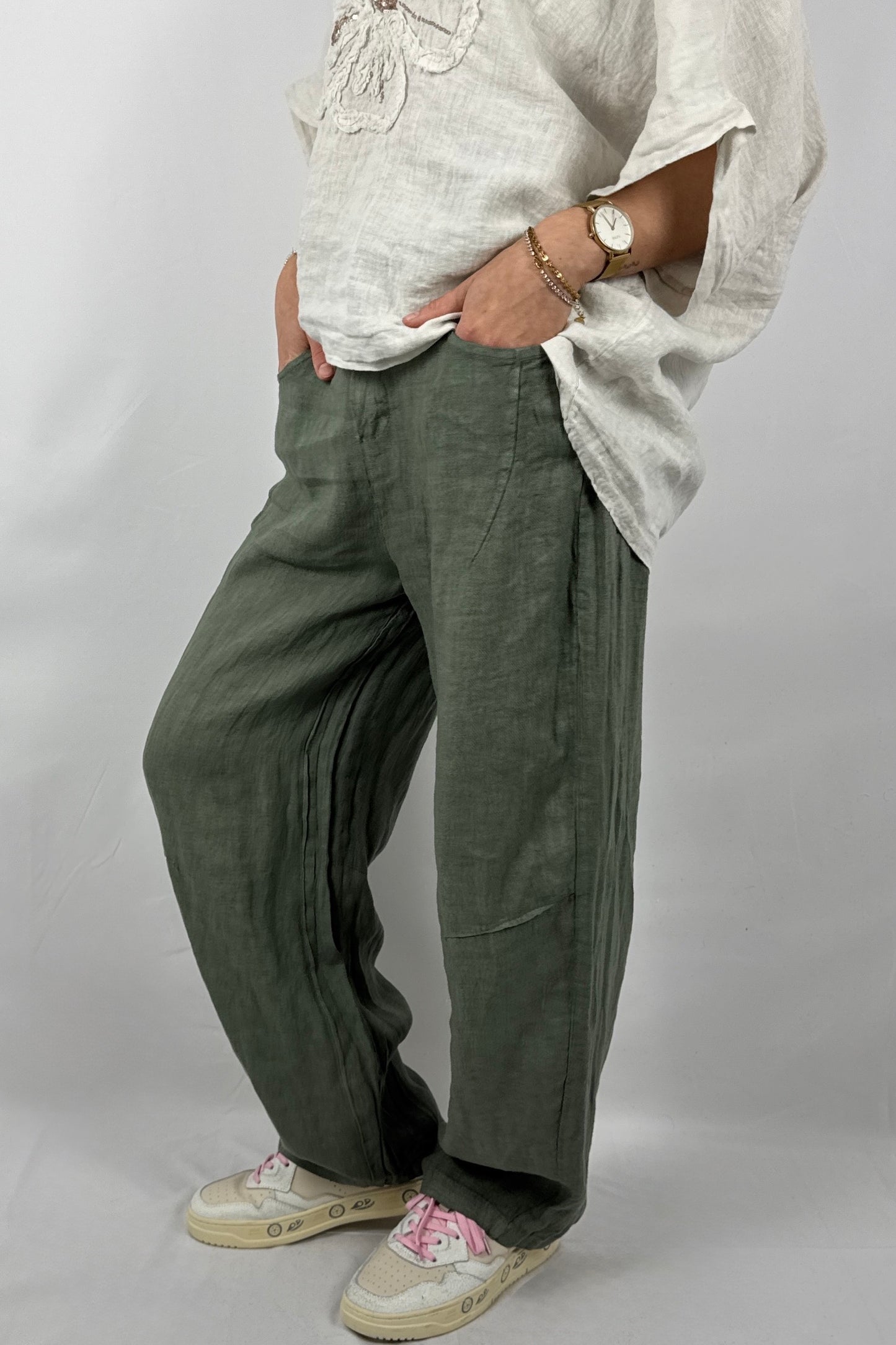Lässige Leinenhose mit Knopfverschluss – Moderner Sommer Style-Khaki