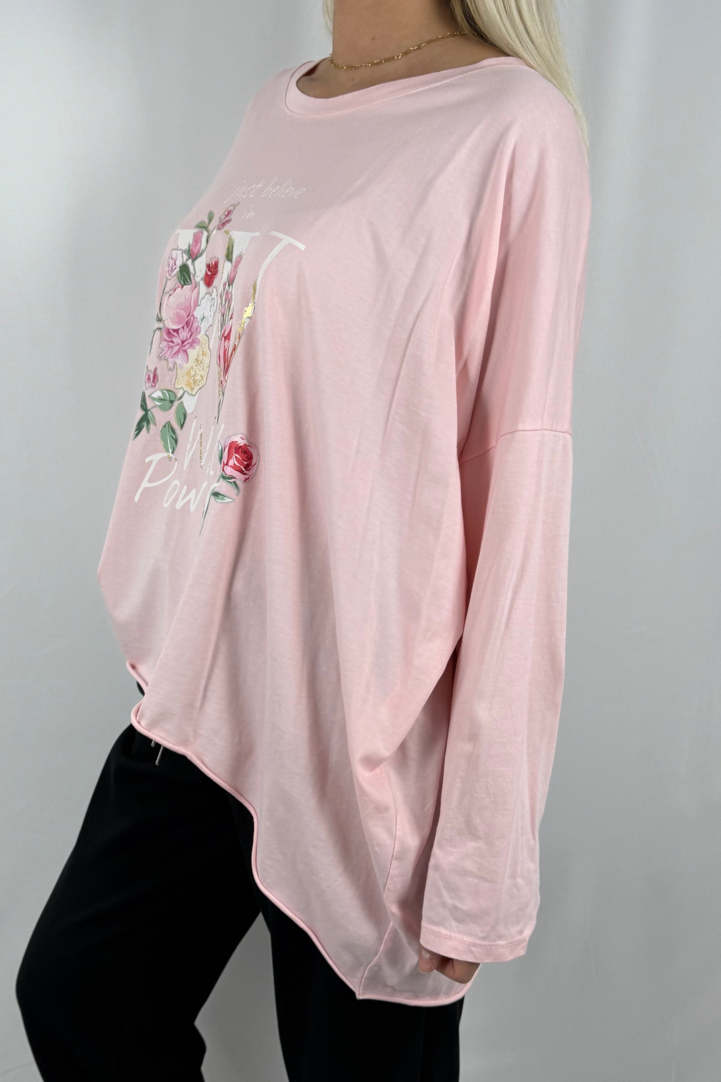 Oversize Damen Shirt mit Love Will Power Print-Rosa