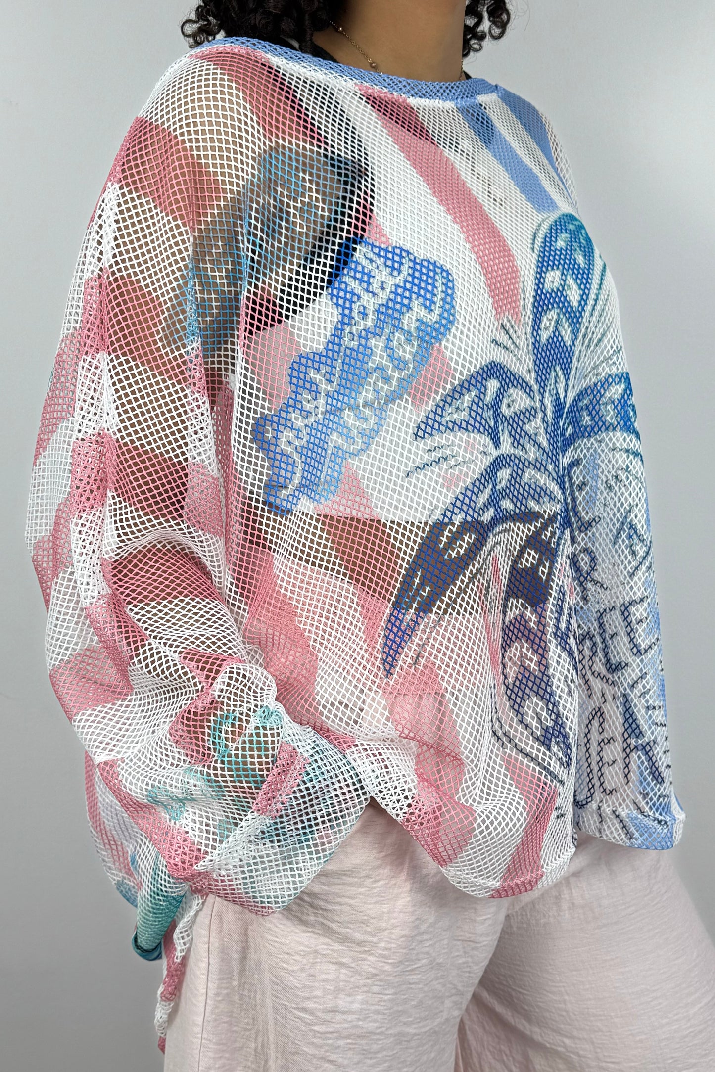 Transparentes Mesh-Shirt mit Palmen-Print – Damen