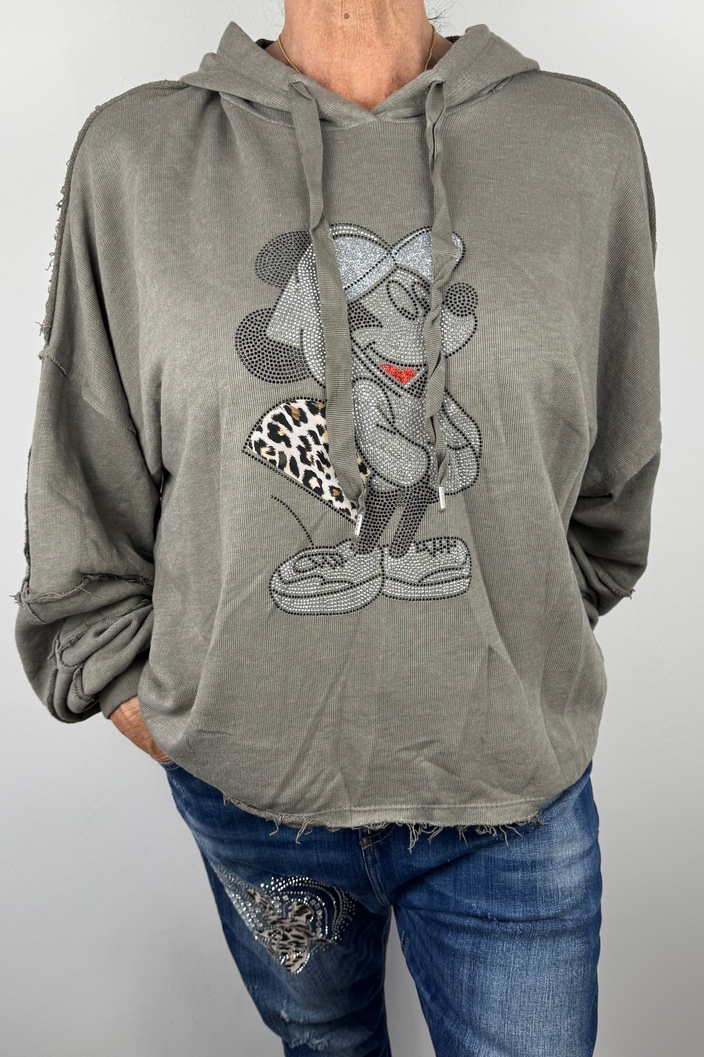 Damen Hoodie mit Glitzer-Motiv & Animal-Print-Detai
