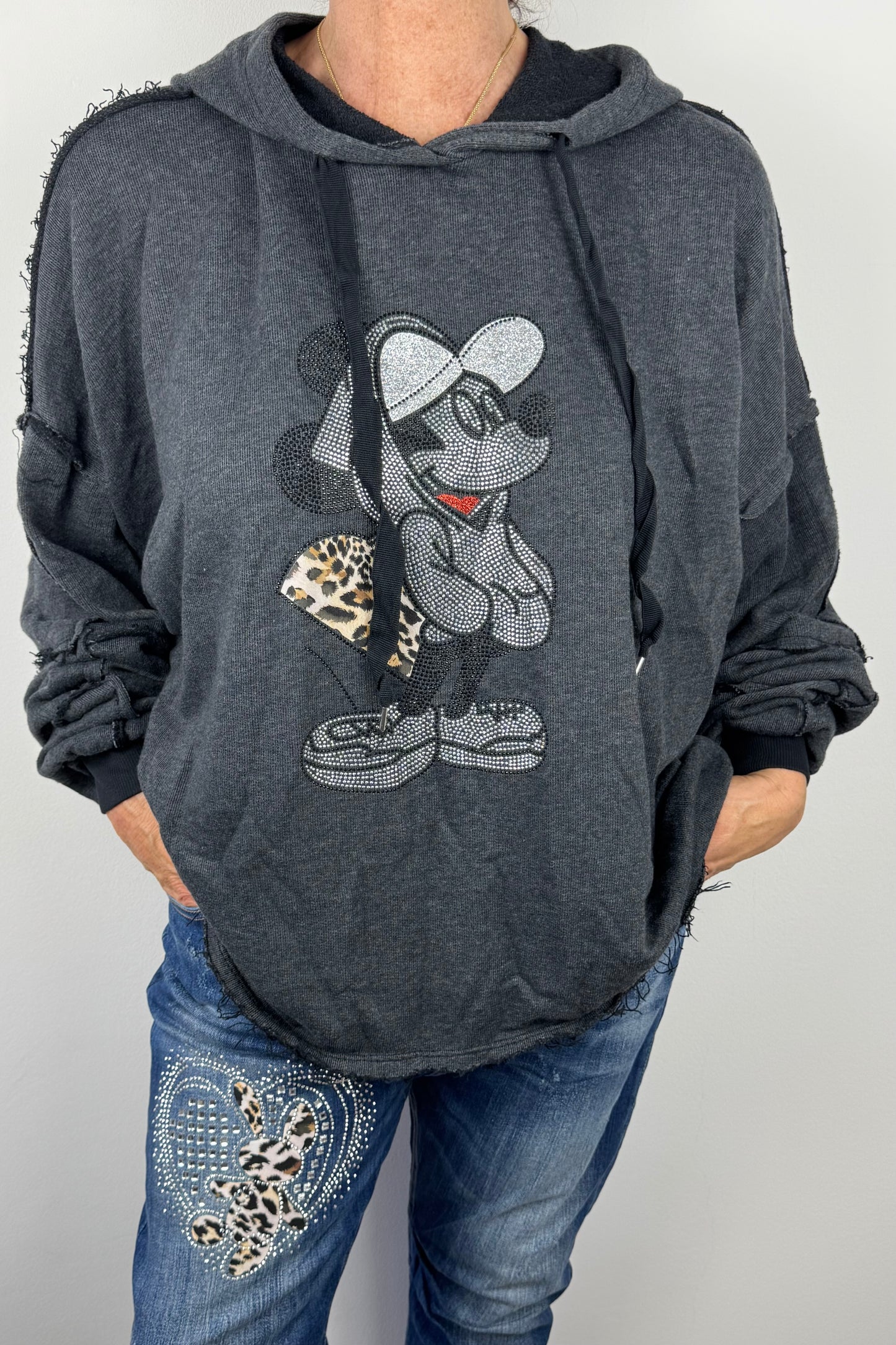 Damen Hoodie mit Glitzer-Motiv & Animal-Print-Detai