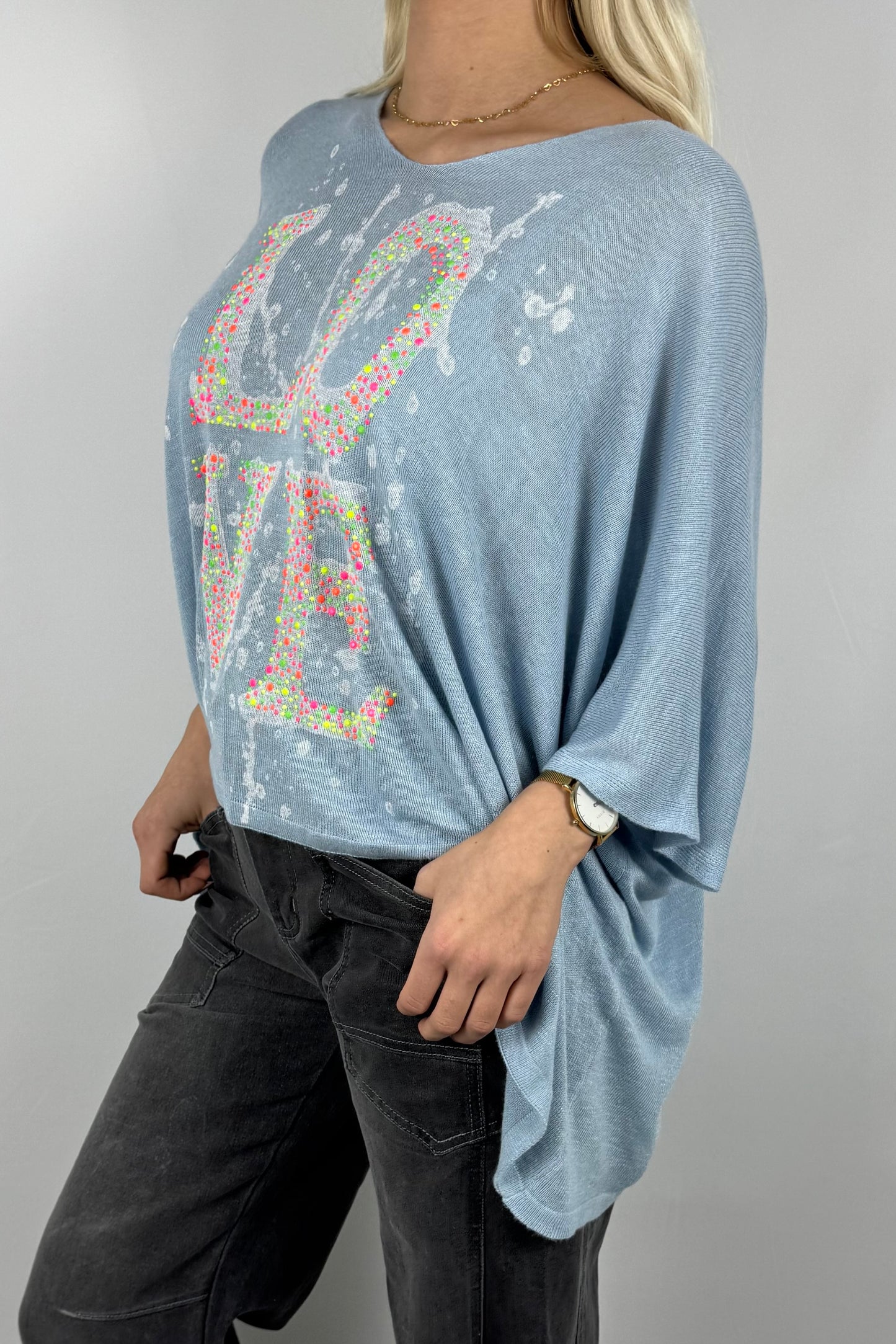 Strickshirt LOVE mit Strass Details Damen-Hellblau